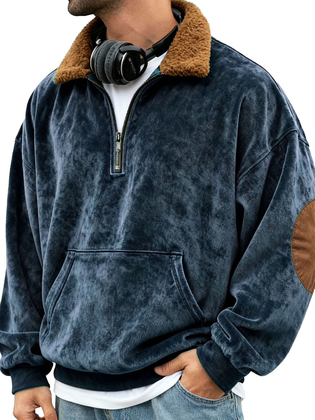 Men's Retro Patchwork Stand Collar Plush Pocket Stand Collar Zipper Sweatshirt