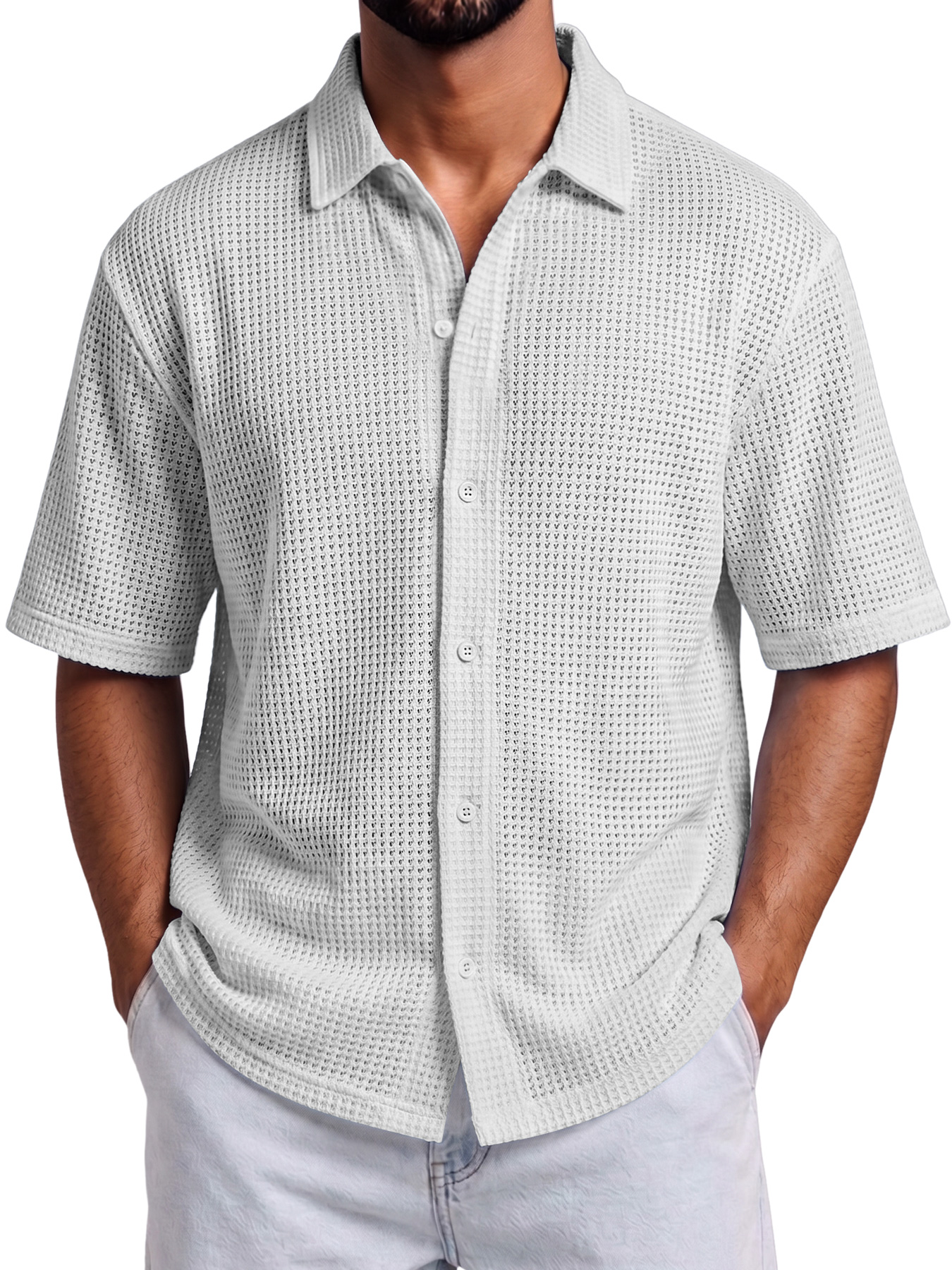 Men's Solid-Color Waffle-Knit Casual Short-Sleeve Shirt