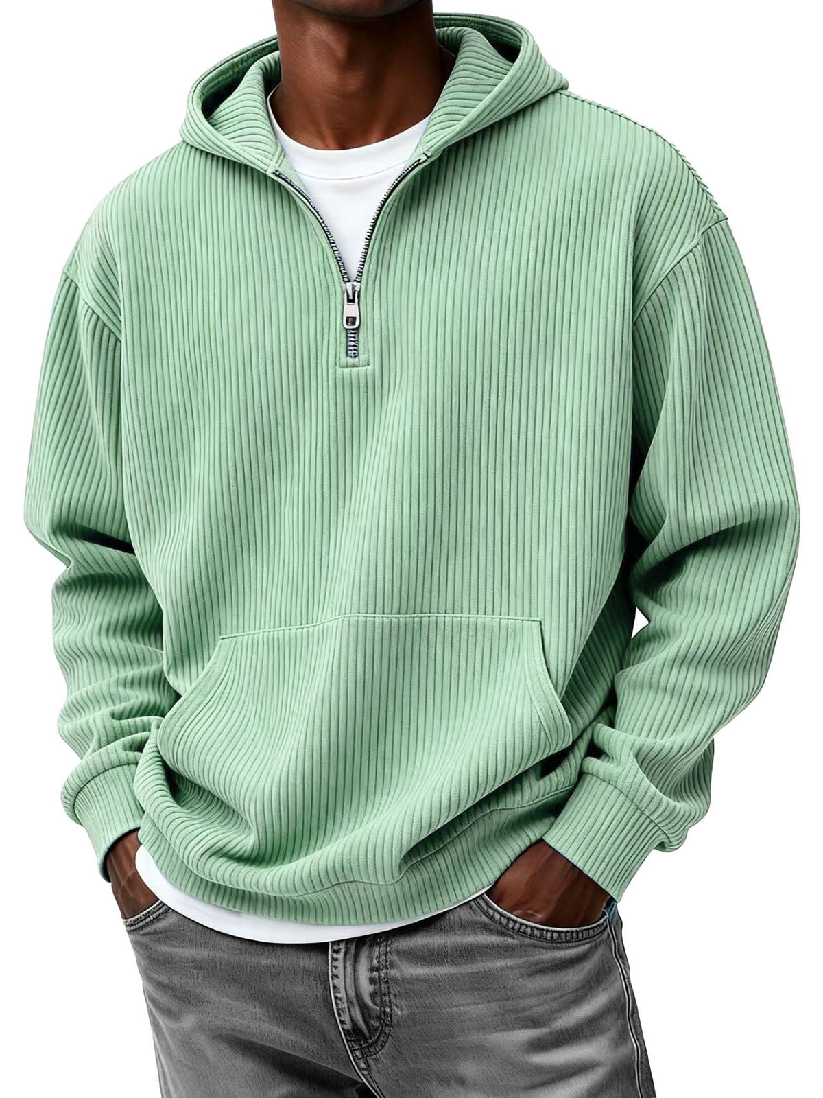 Men's Clothing Fashionable Casual Pit Strip Fabric Zipper Pockets Hooded Long-sleeved Sweatshirt