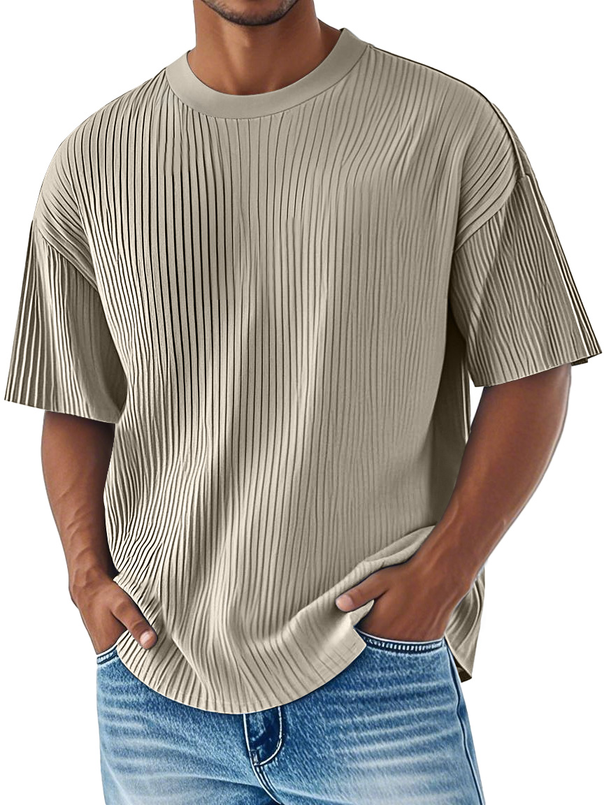 Men's Daily Ribbed Round Neck Casual Solid Color Comfortable Short-sleeved T-shirt