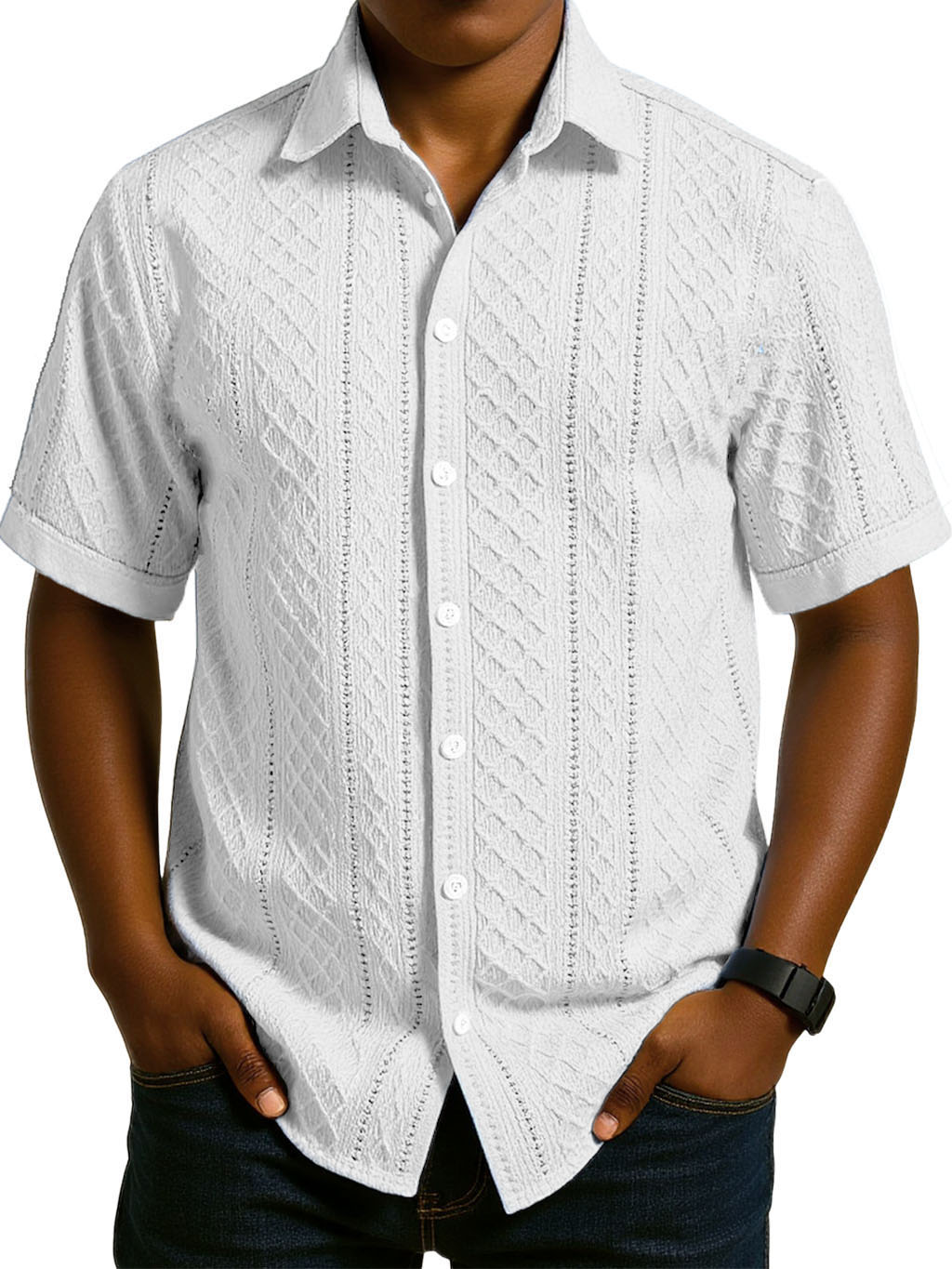 Men's Fashion Casual Jacquard Fabric Lapel Short-sleeved Shirt