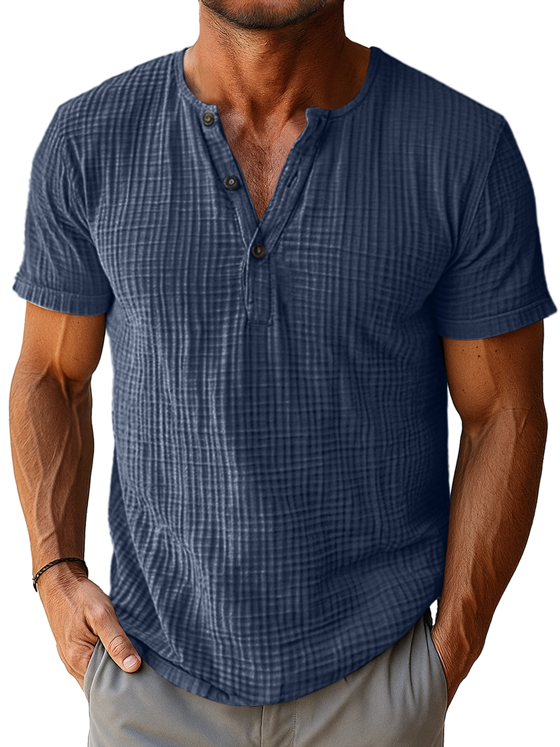 Men's Retro Everyday Pleated Texture Button Solid Color Short Sleeve Henley Shirt