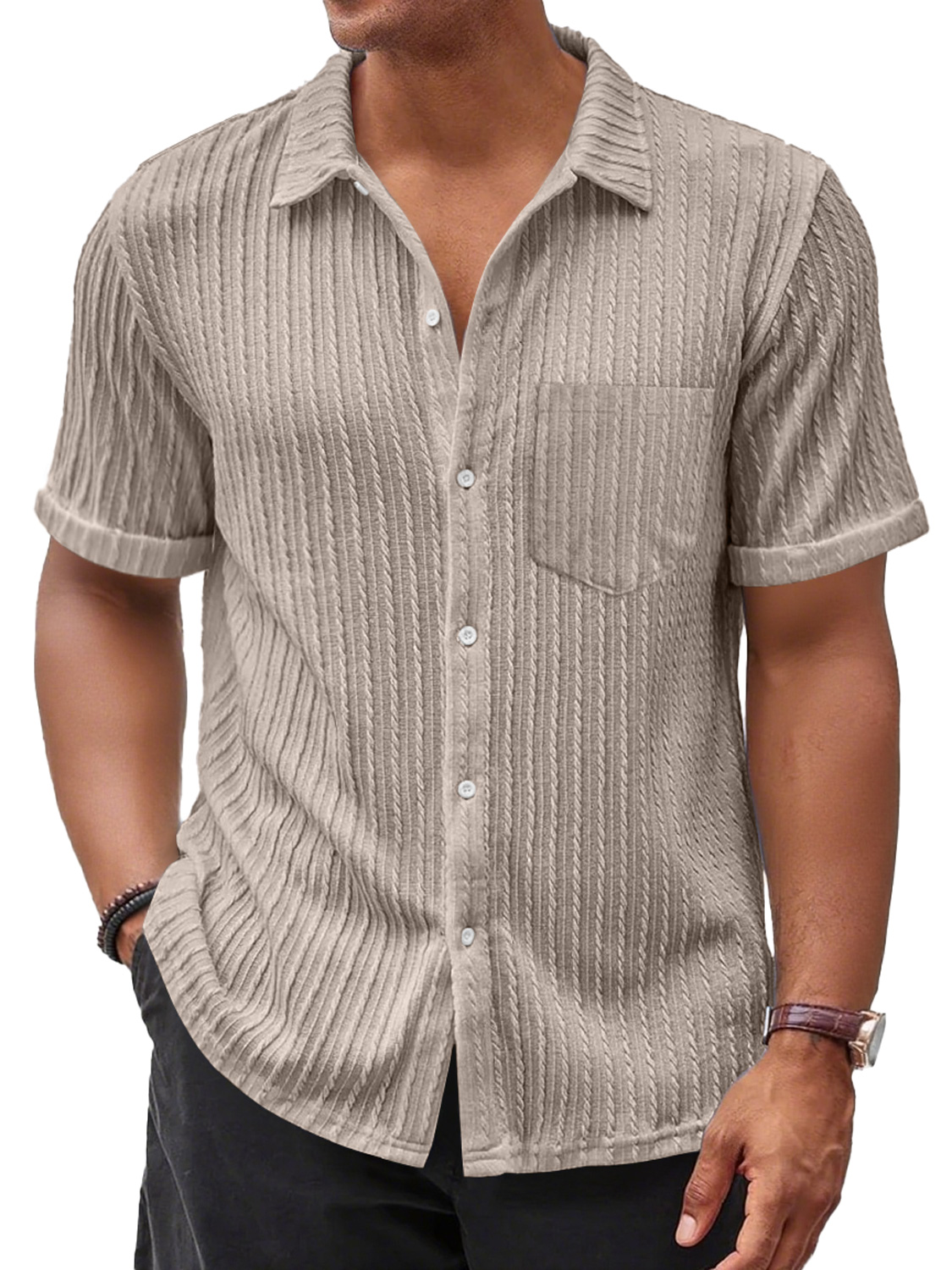 Men's Daily Casual Jacquard Texture Pocket Solid Color Comfortable Short-sleeved Shirt