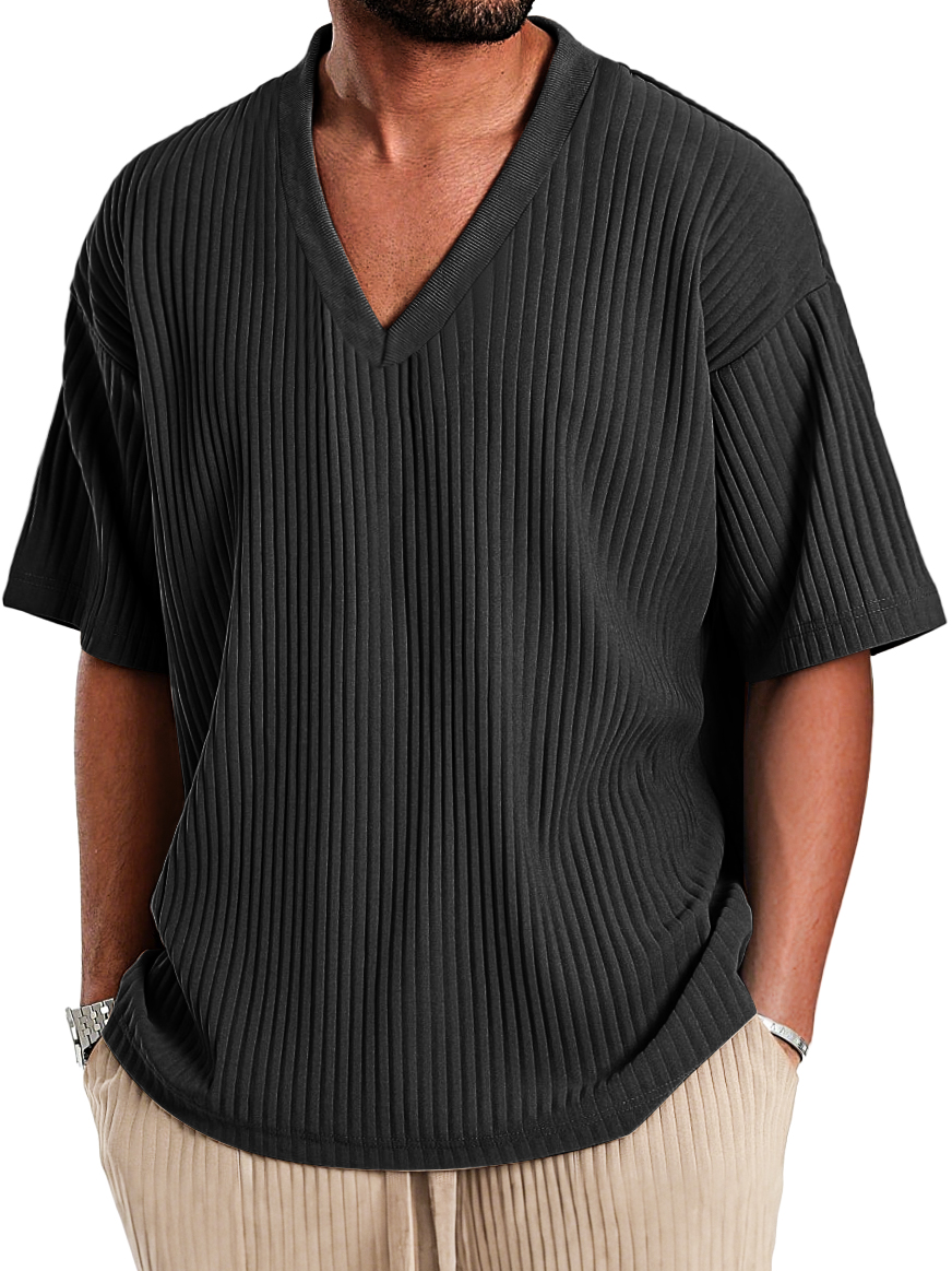 Men's Casual V-neck Ribbed Comfortable Short-sleeved T-shirt
