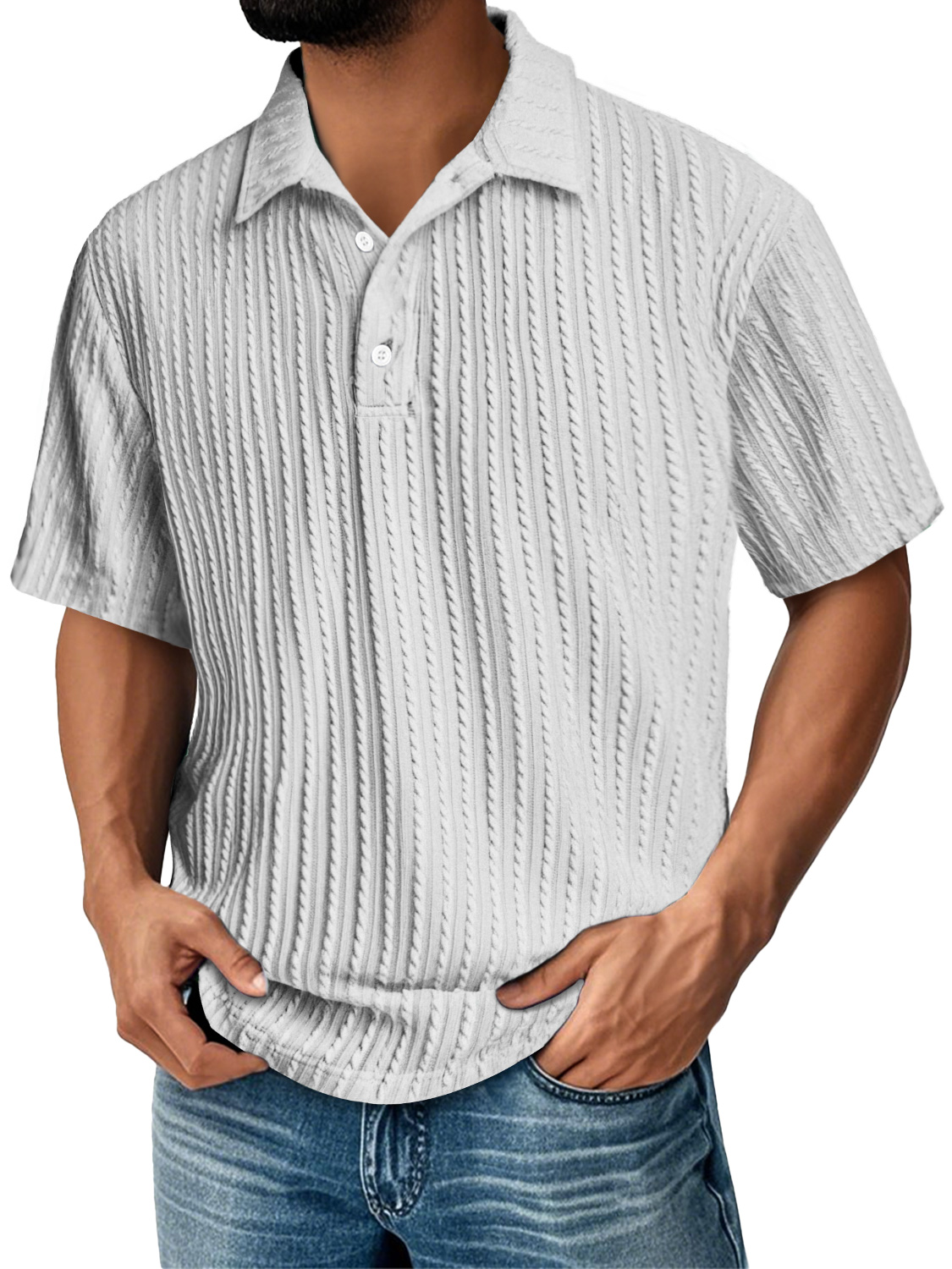 Men's Daily Lapel Jacquard Texture Casual Solid Color Short-sleeved Polo Shirt