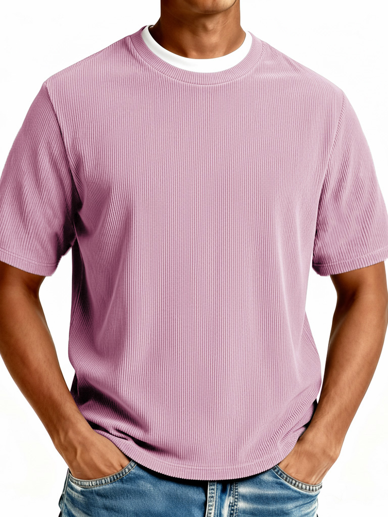 Men's Fashionable Casual Ribbed Fabric Faux Two-Piece Short-Sleeve Crew Neck T-Shirt