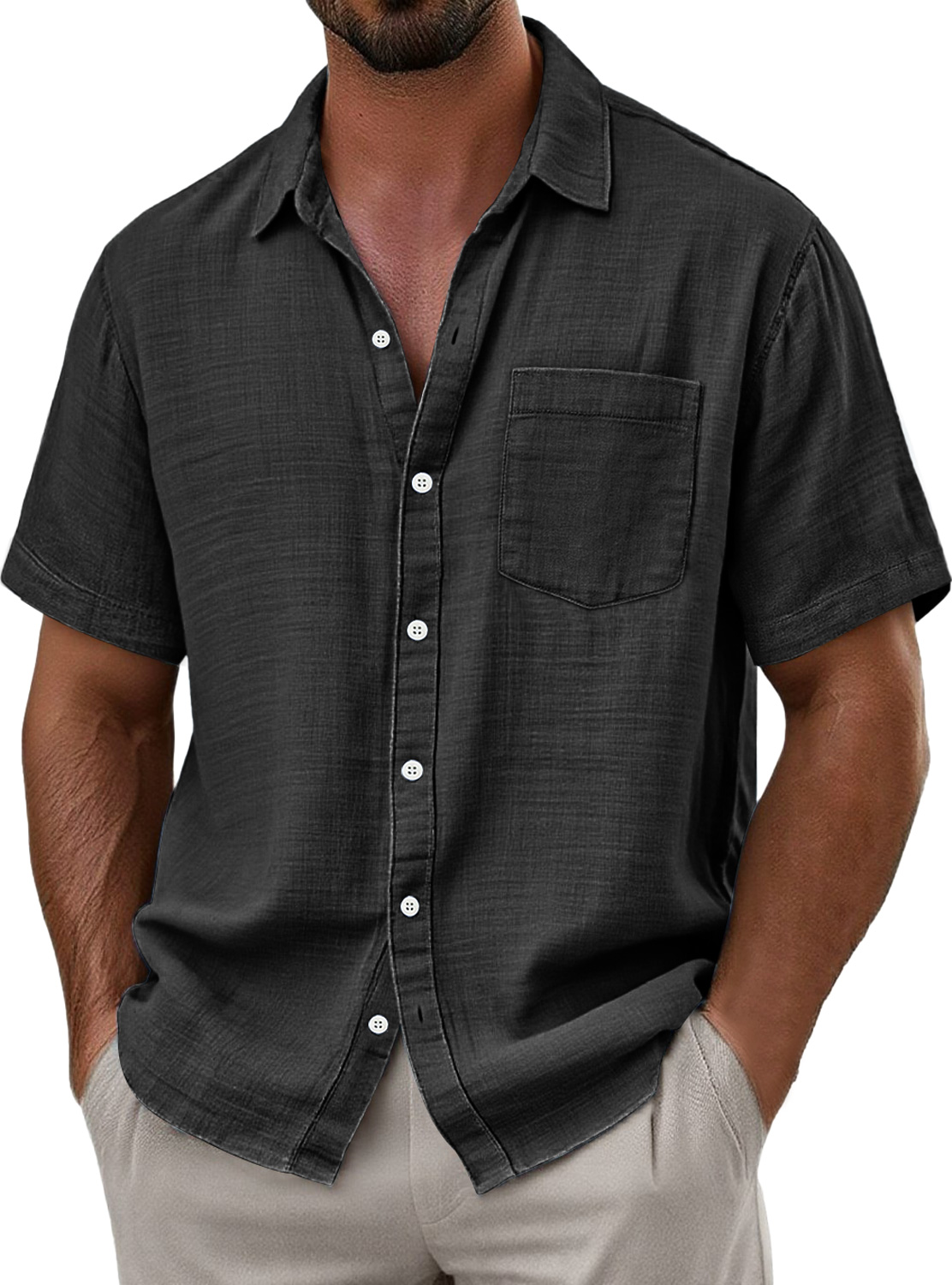 Men's Daily Imitation Linen Casual Pocket Comfortable Solid Color Short Sleeve Shirt