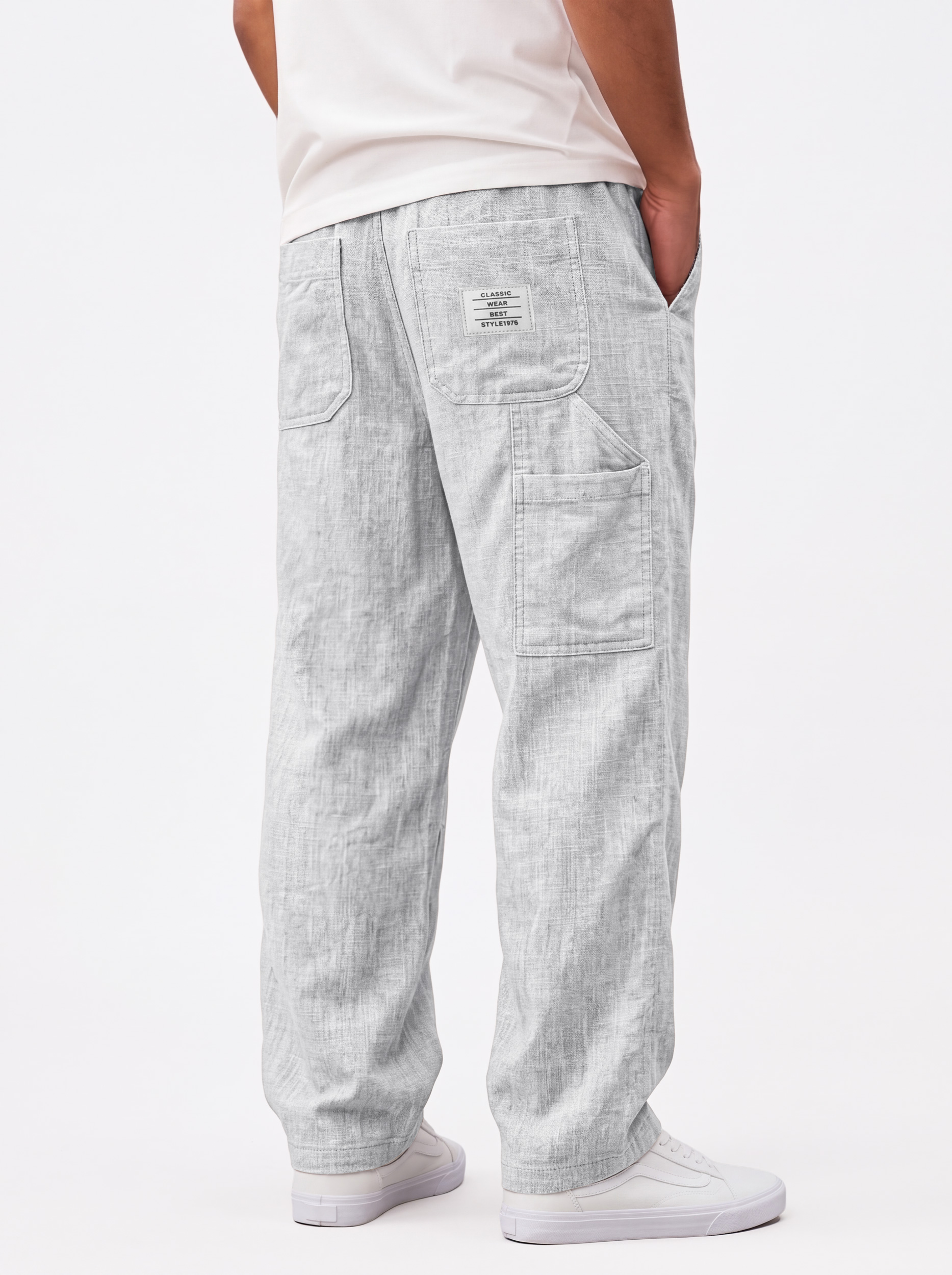 Men's Casual Linen Cargo Trousers with Embroidered Logo and Multiple Pockets