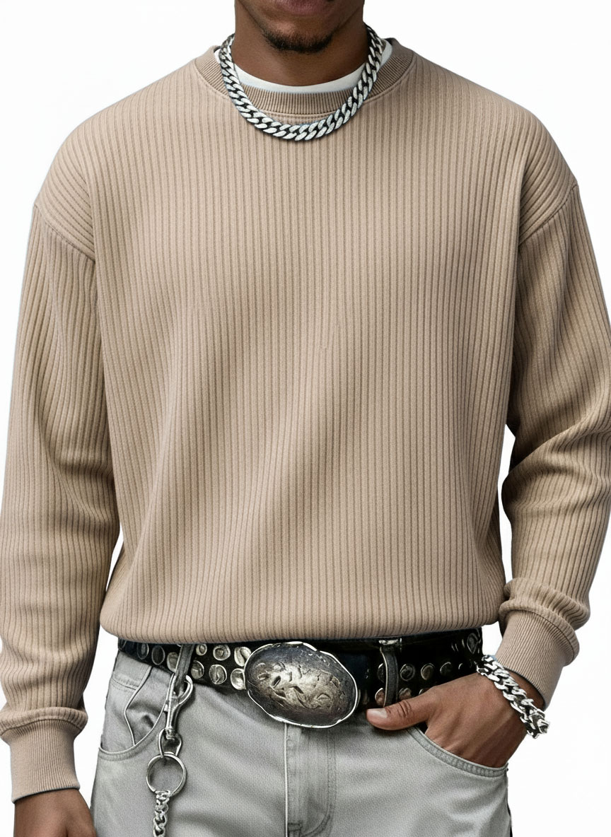 Men's Stylish Casual Vintage Crewneck Ribbed Fabric Long-sleeved Base T-shirt
