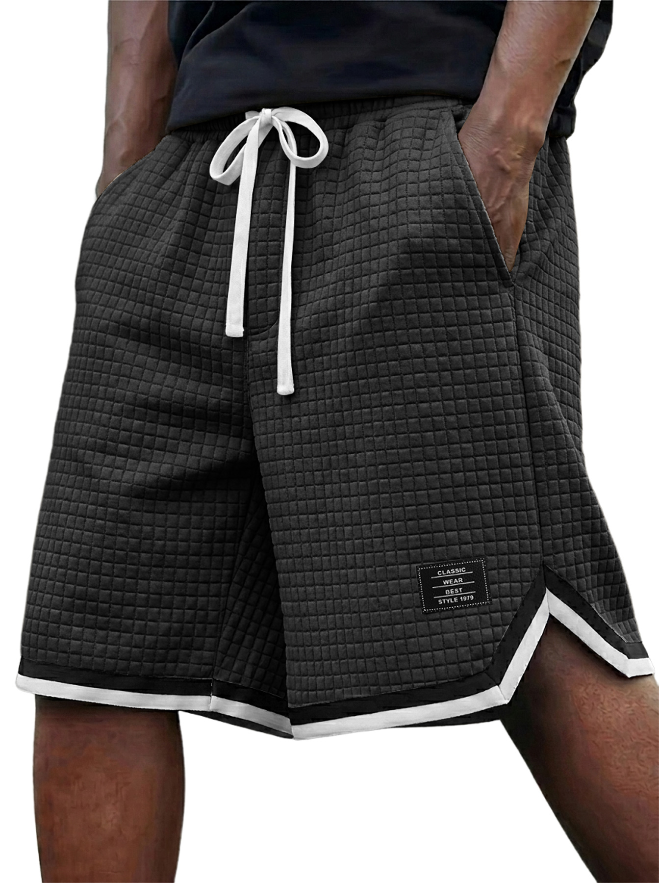 Men's Waffle Weave Ribbon Embroidered Logo Casual Shorts