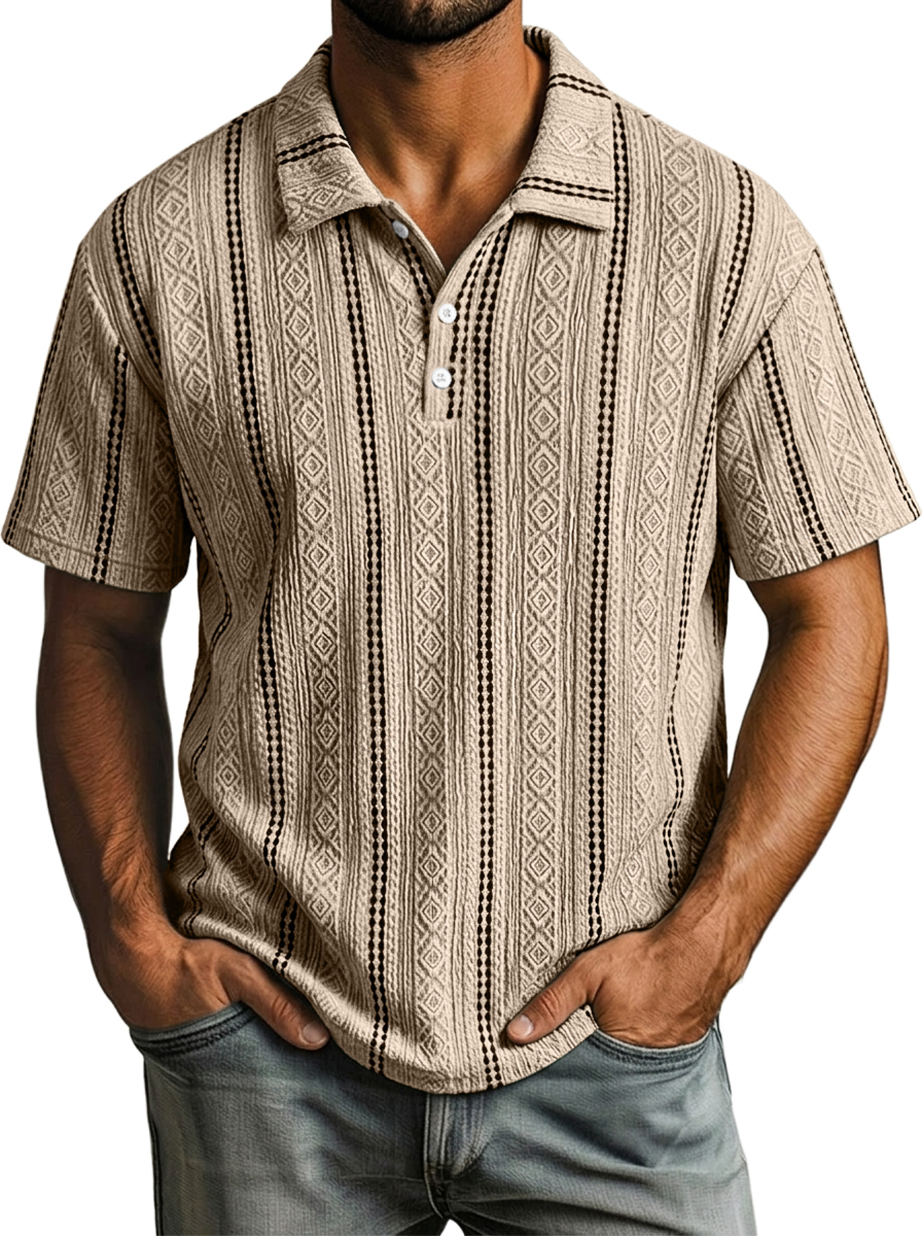 Men's Casual Color-Blocked Textured Collar Button-Up Comfortable Short-Sleeve Polo Shirt