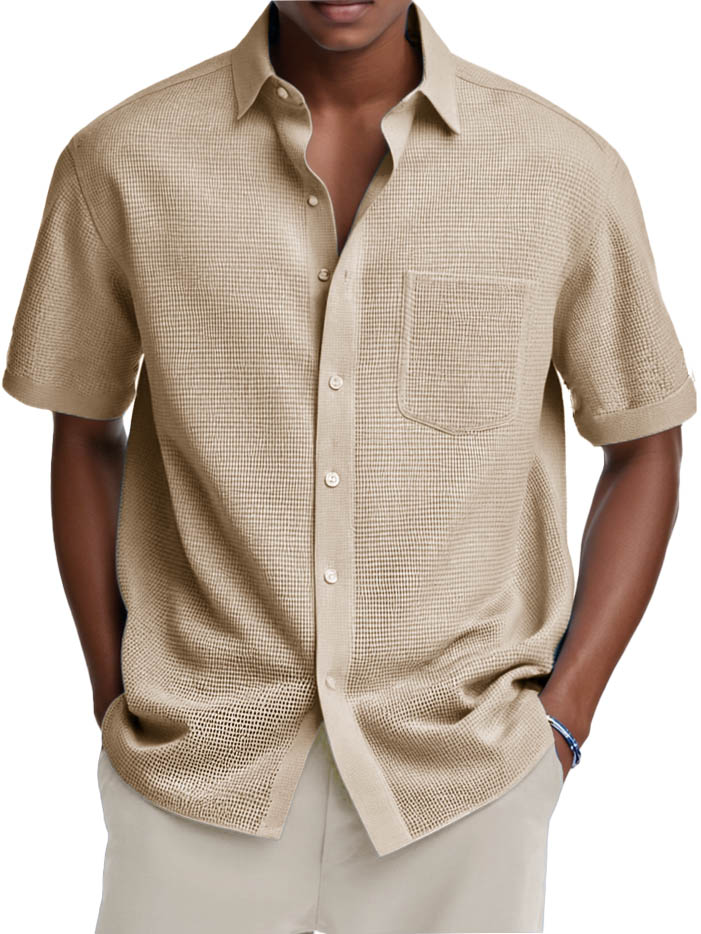 Men's Fashion Casual Retro Waffle Fabric Pocket Short-sleeved Shirt
