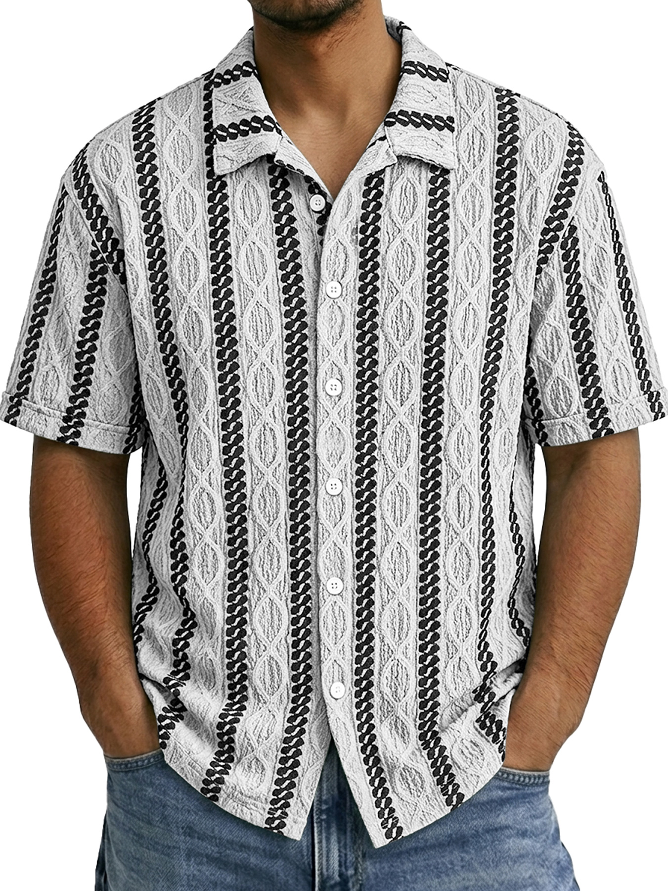 Men's Casual Jacquard Textured Solid Color Short-Sleeve Shirt