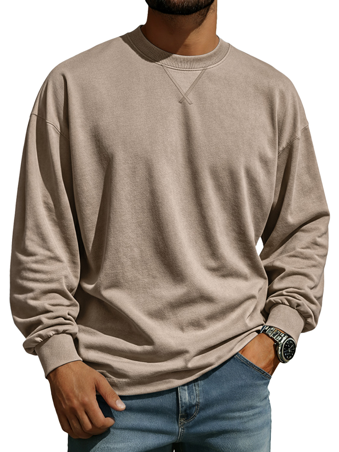 Men's Comfortable Crew Neck Long-sleeved T-shirt With A Crossover Design