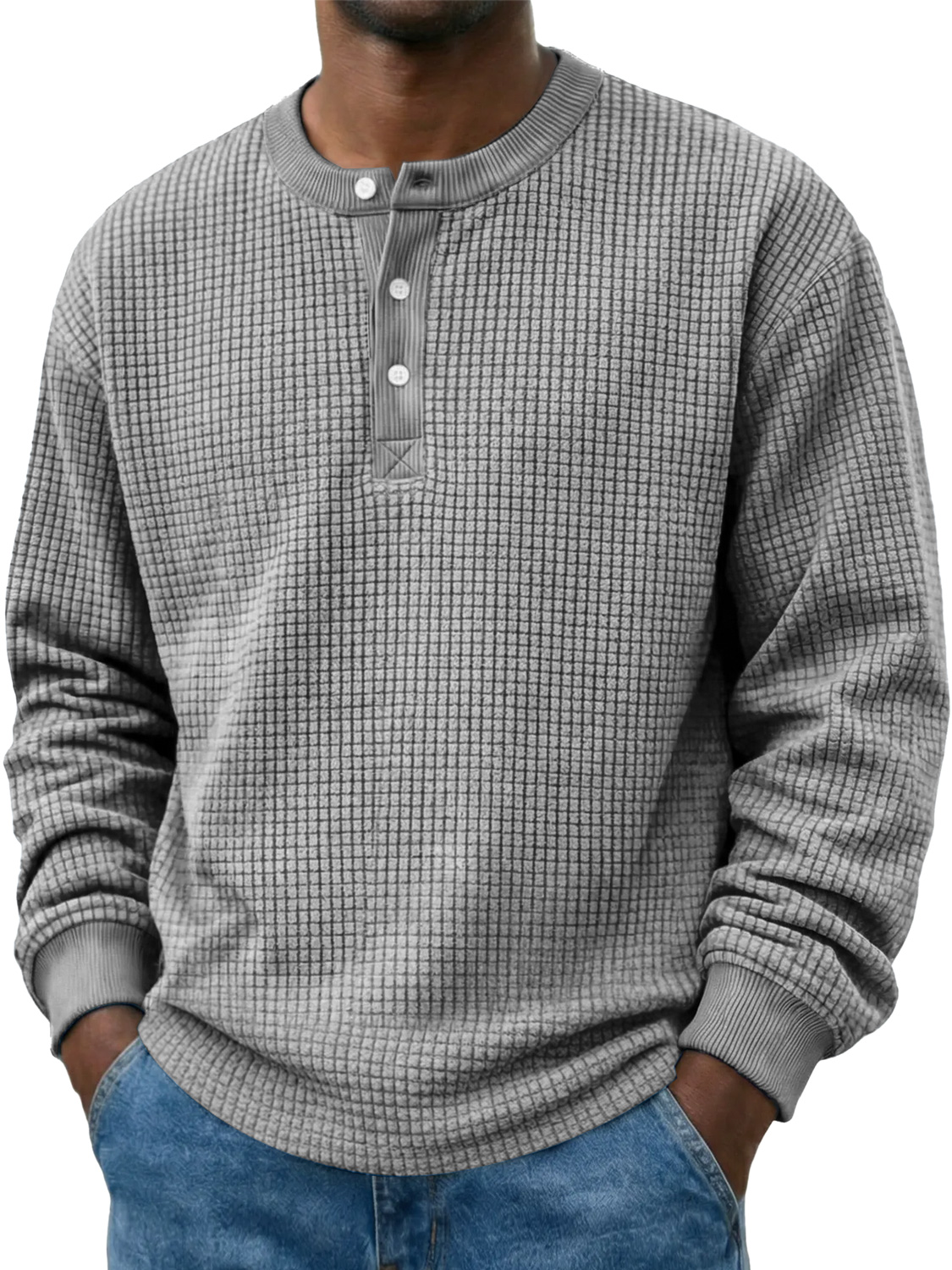 Men's Casual Corduroy Waffle-knit Solid Color Long-sleeved Henley Shirt