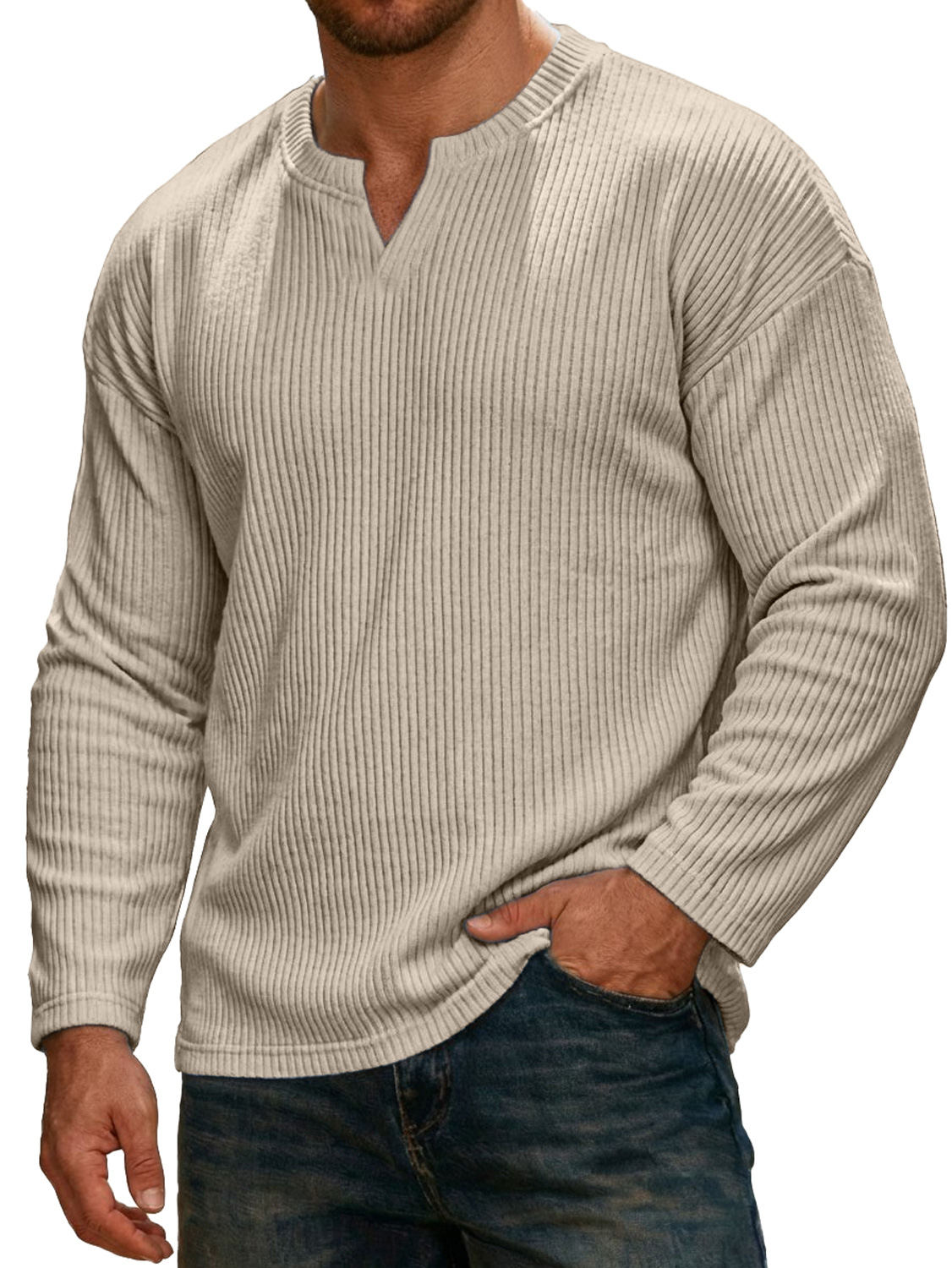 Men's Simple Ribbed V-neck Long-sleeved Casual T-shirt