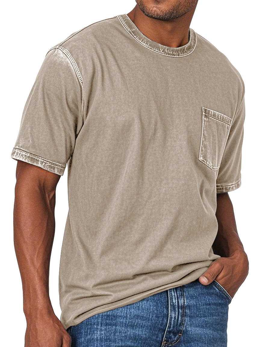 Men's Fashion Retro Washed Round Neck Pocket Short Sleeve T-shirt