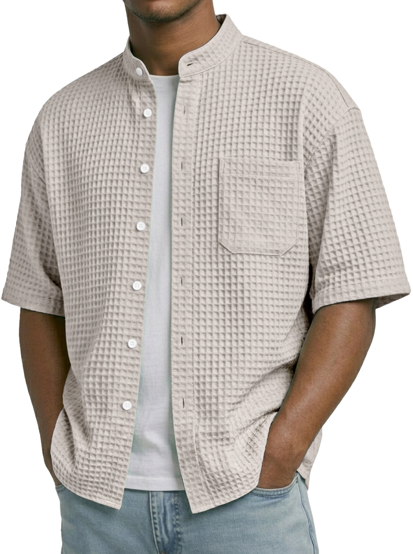 Men's Waffle Collar Stand Collar Pocket Casual Short-Sleeve Shirt