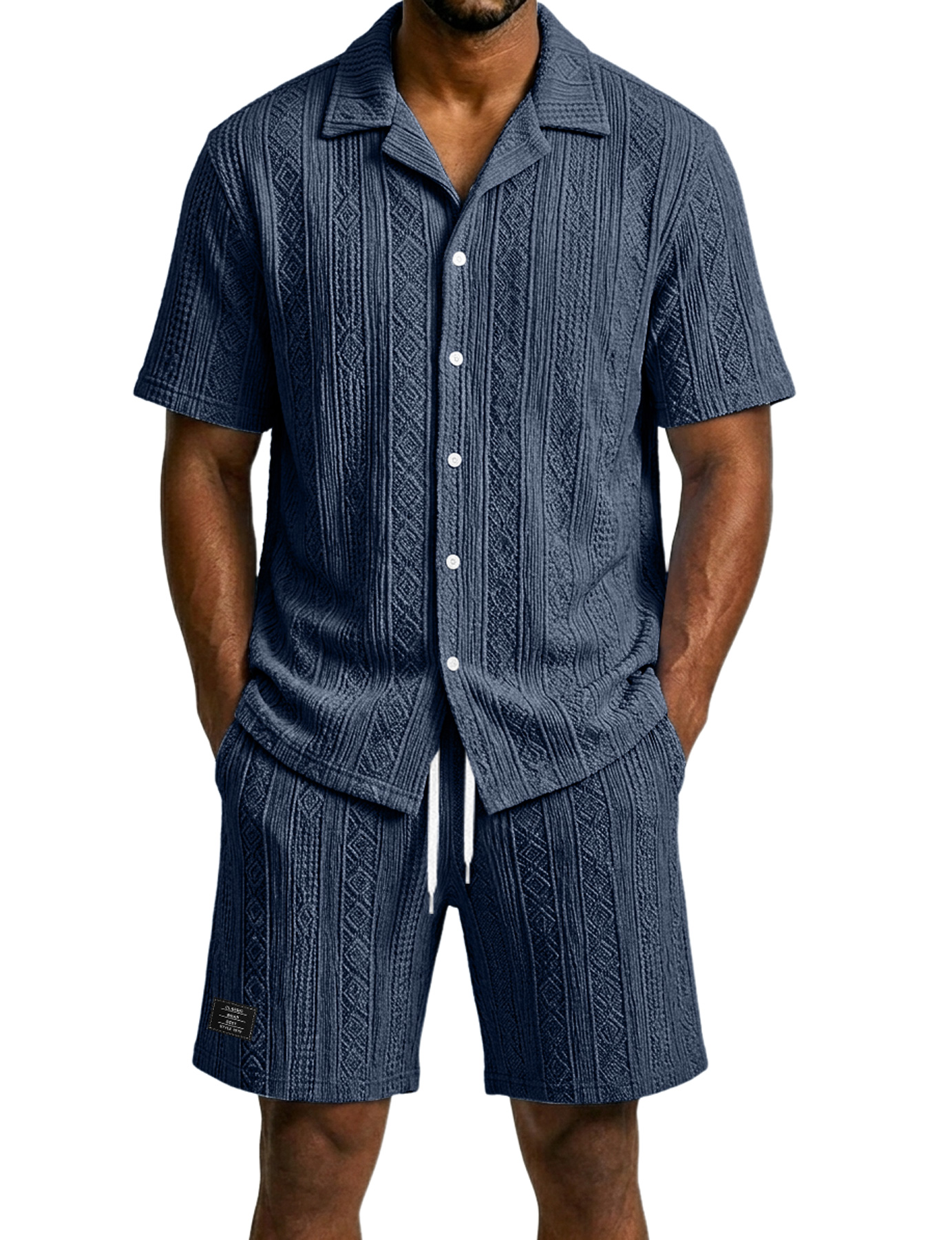 Men's Casual Jacquard Textured Solid Color Shirt and Shorts Two-Piece Set