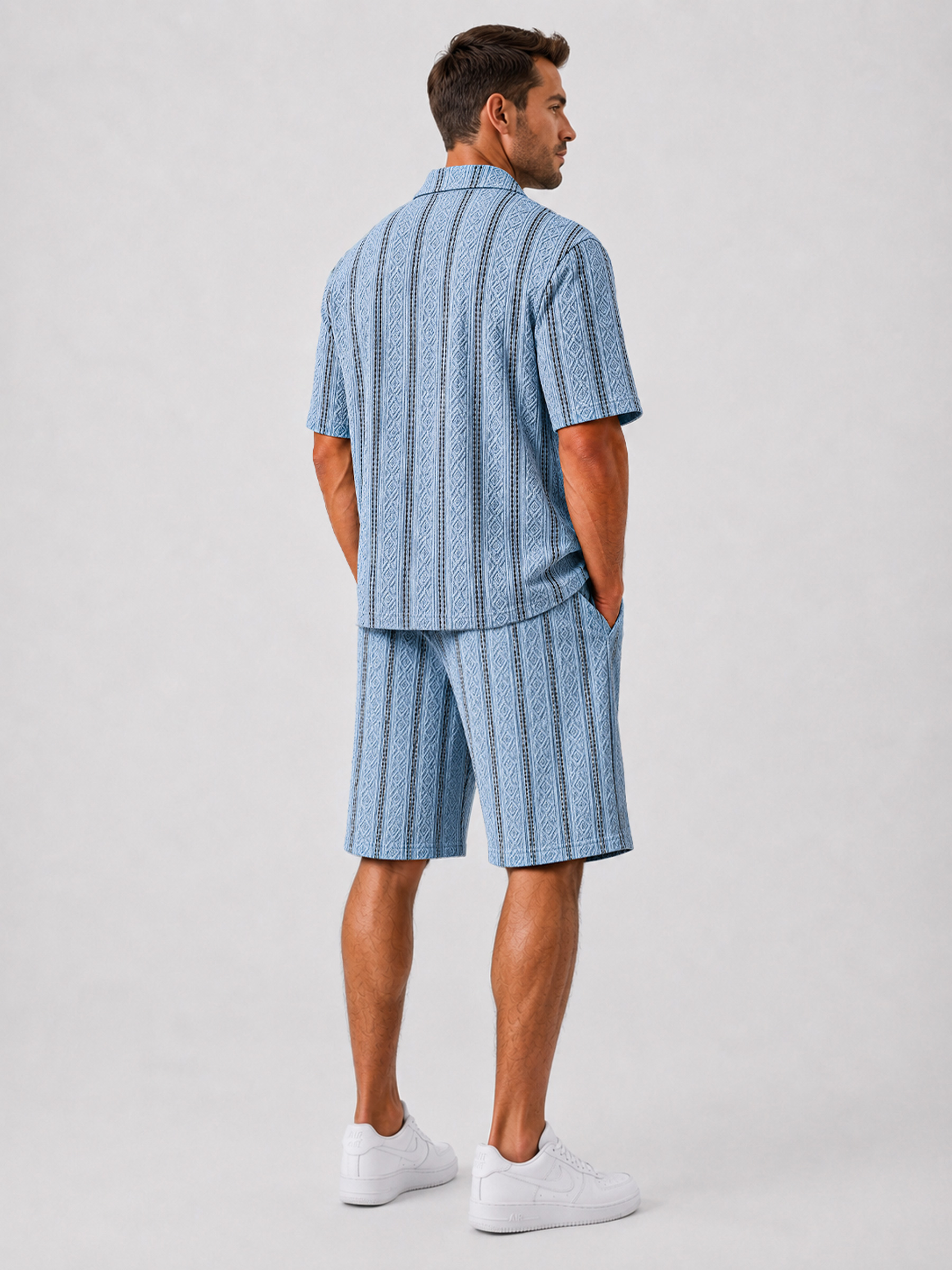 Men's Casual Jacquard Textured Solid Color Shirt and Shorts Two-Piece Set