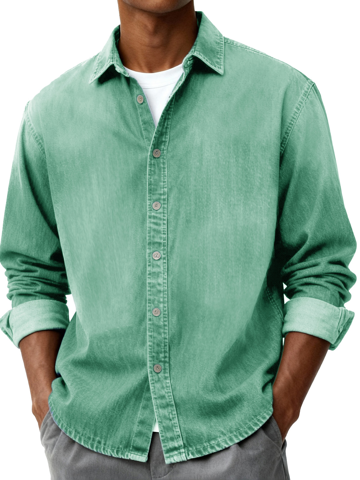 Men's Fashion Retro Distressed Pocket Collar Long-Sleeve Shirt