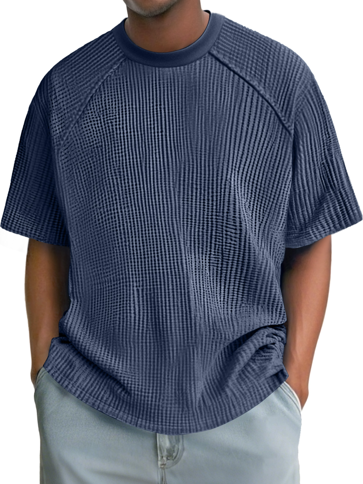 Men's Fashion Waffle Raglan Round Neck Comfortable Short Sleeve T-Shirt