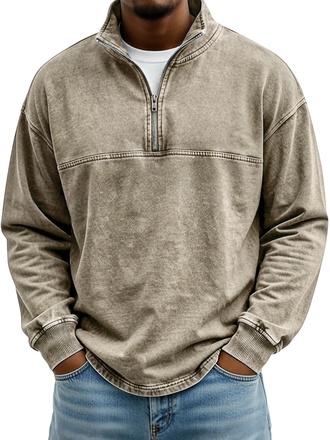 Men's Vintage Stand-collar Long-sleeved T-shirt With Zipper And Contrasting Stitching Design