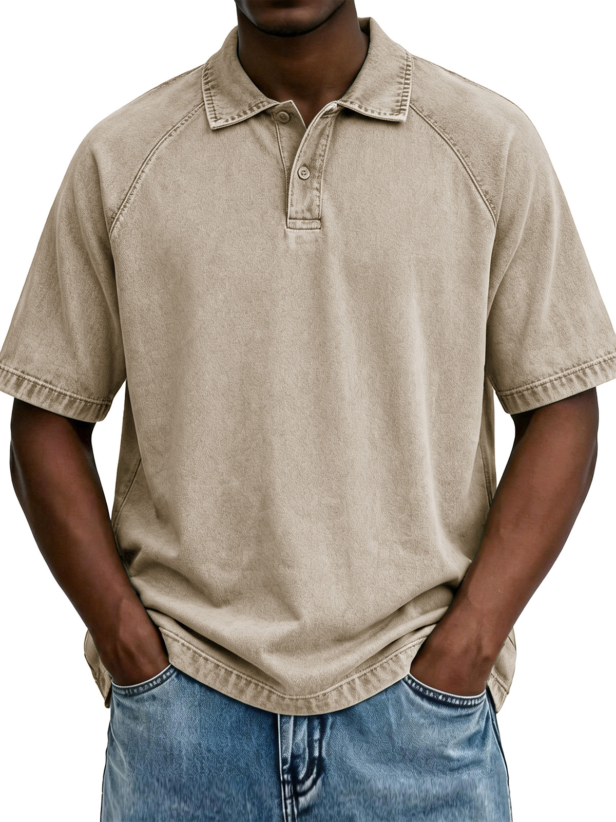 Men's Fashionable Raglan Distressed Collared Loose Short-Sleeve Polo Shirt