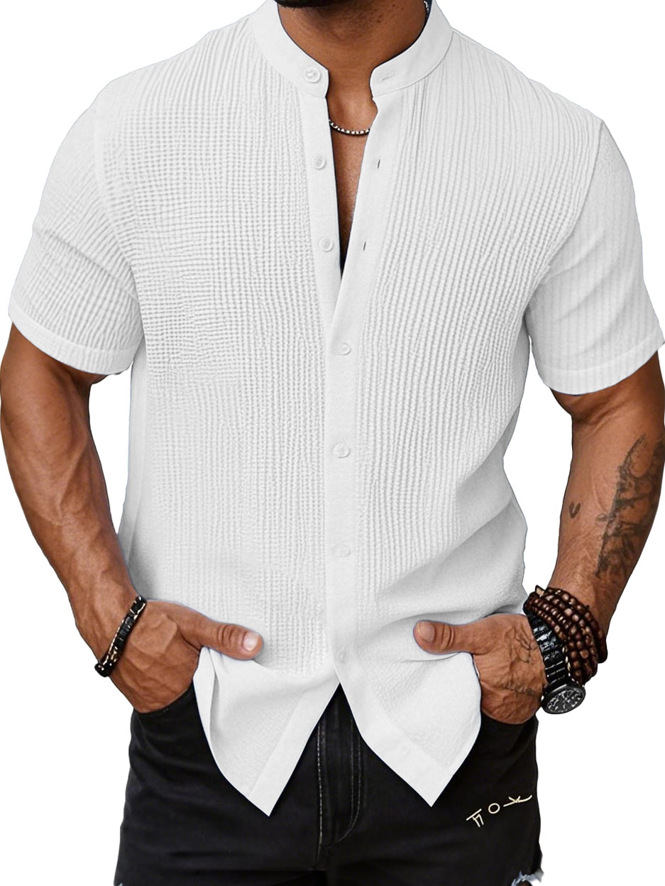 Men's Fashion Casual Bubble Wrinkle Fabric Stand-up Collar Short-sleeved Shirt