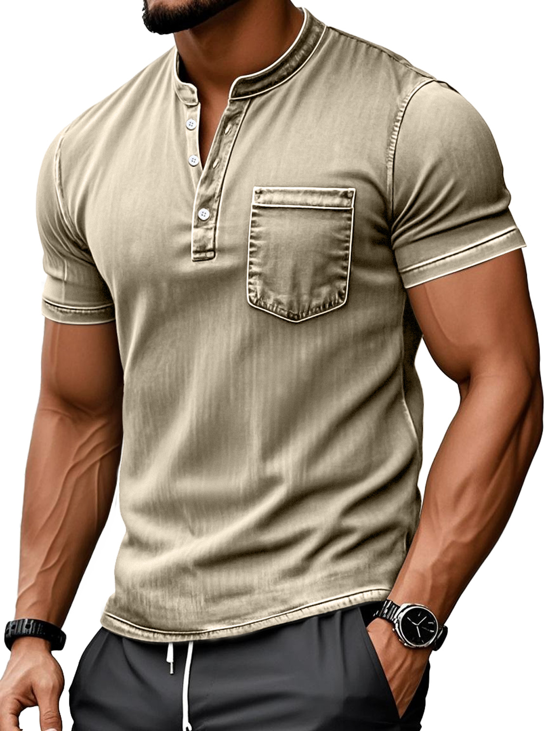 Men's Retro Everyday Stand Collar Pocket Casual Short Sleeve Henley Shirt