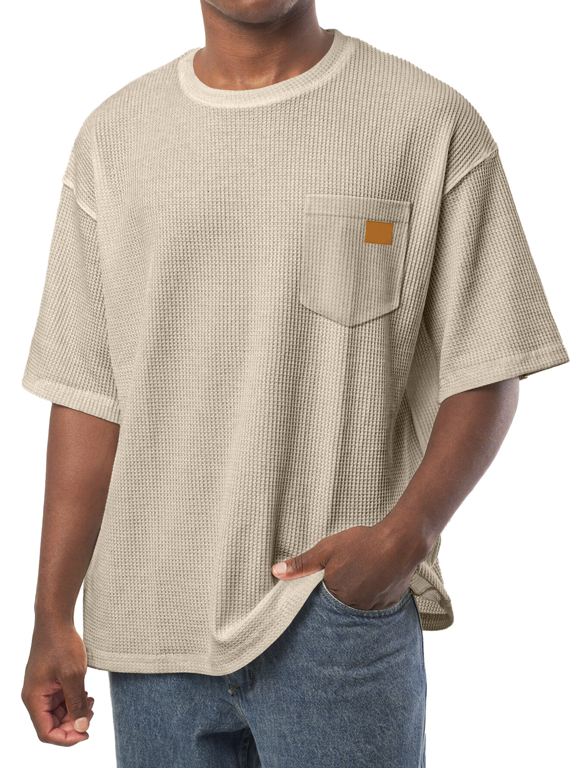Men's Everyday Waffle Pocket Embroidered Logo Crew Neck Casual Loose Short Sleeve T-Shirt