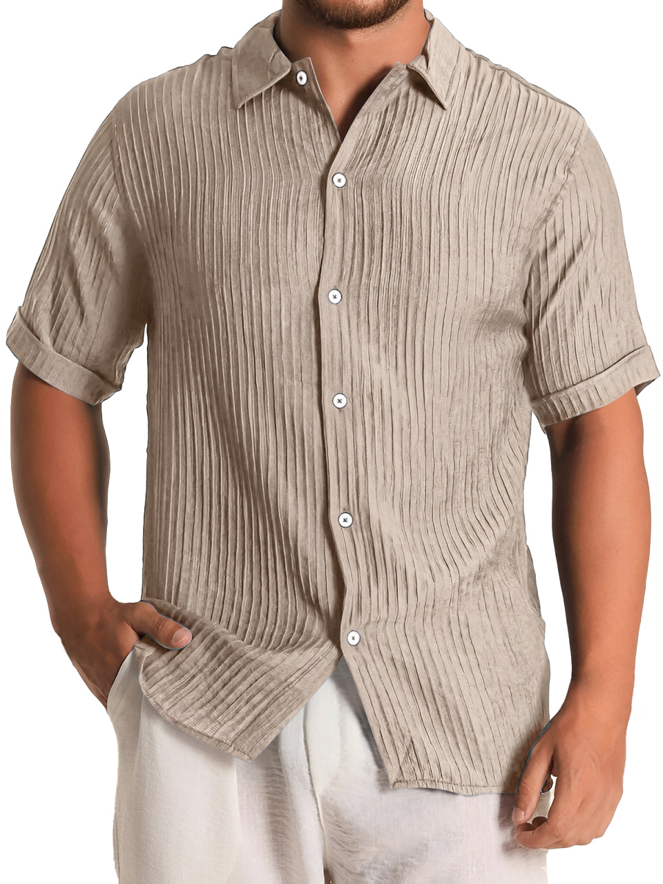 Men's Fashion Daily Pleated Casual Solid Color Short Sleeve Shirt