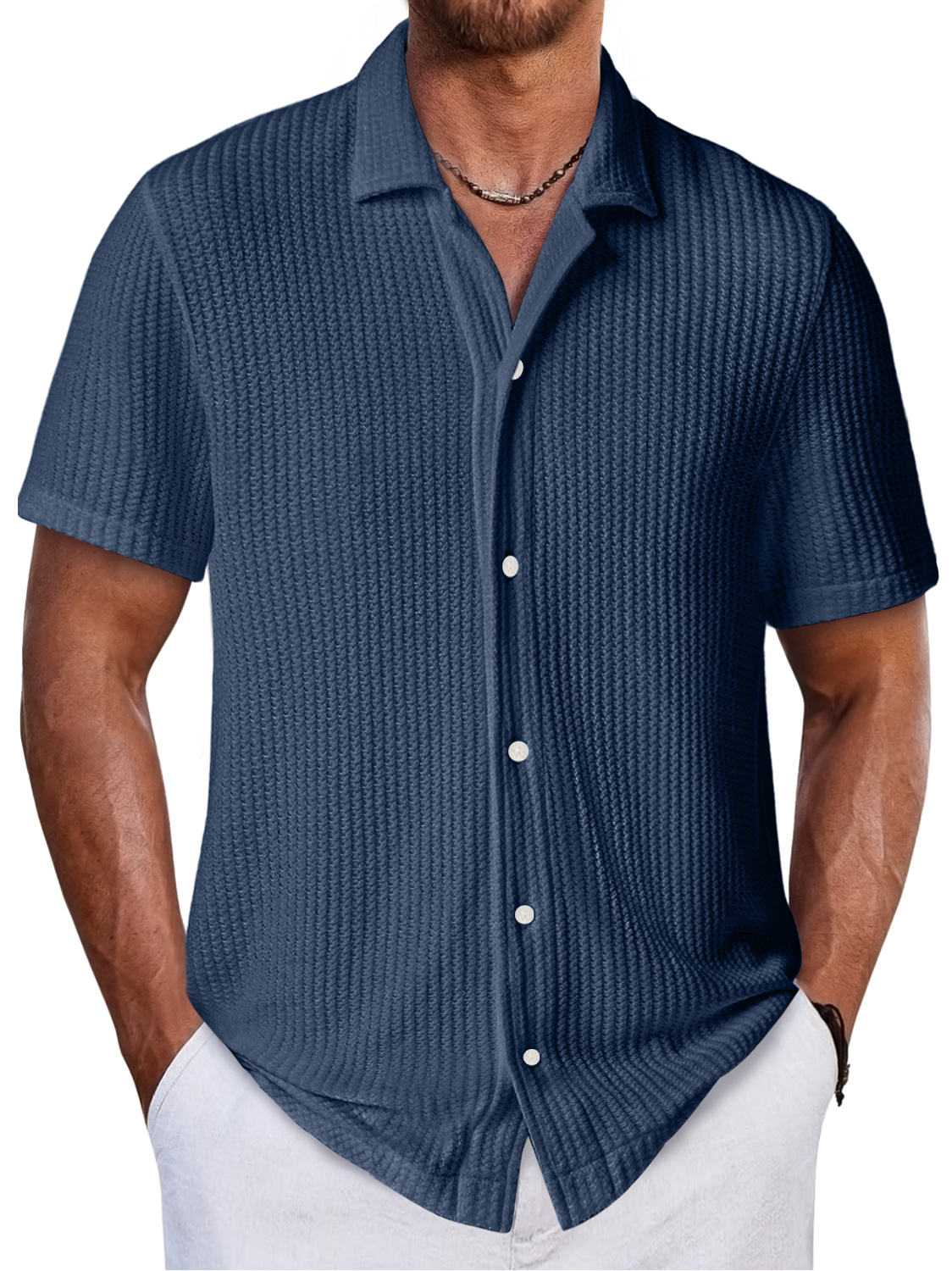 Men's Daily Waffle Texture Casual And Comfortable Short-sleeved Shirt
