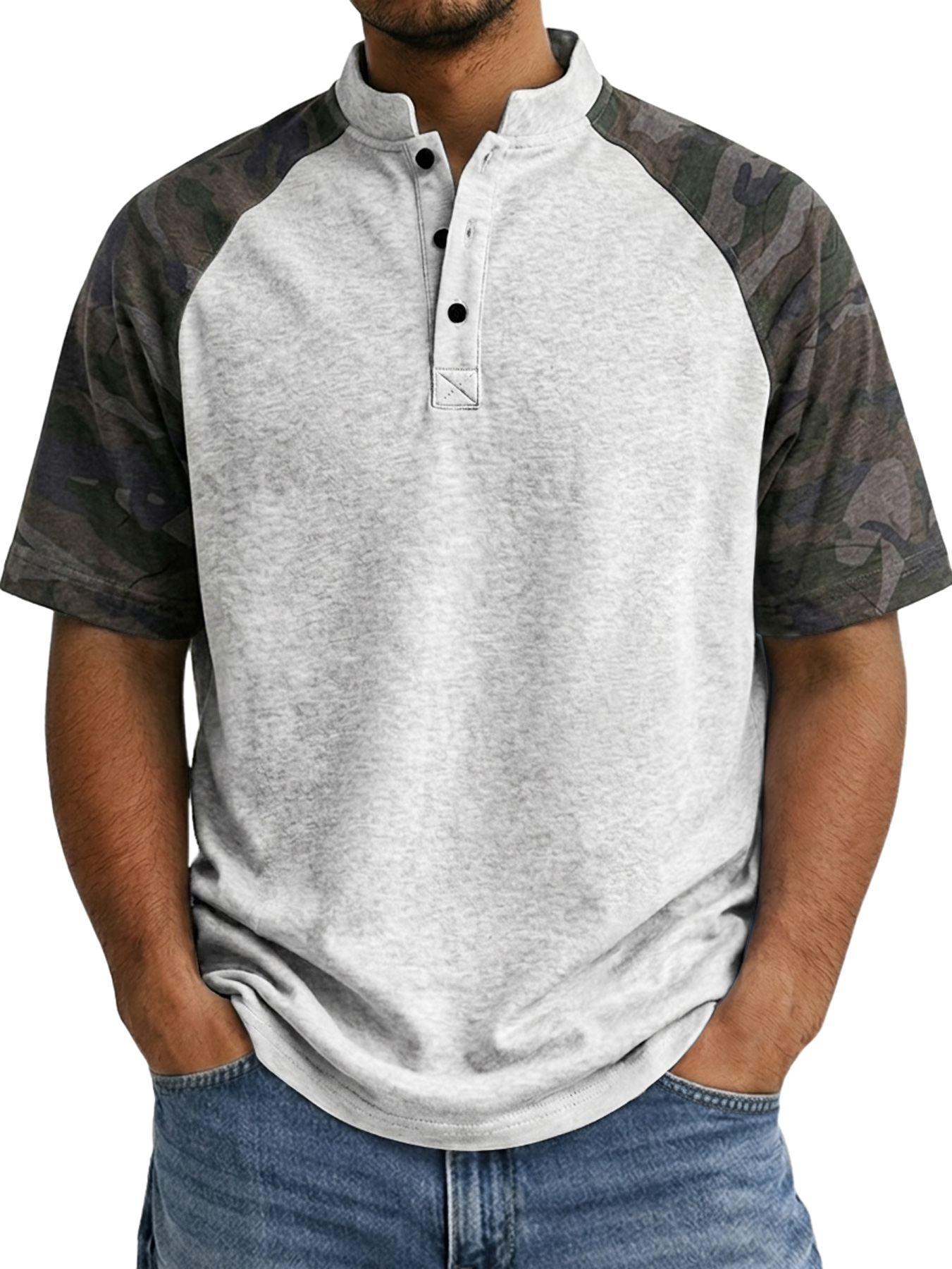 Men's Raglan Camo Casual Stand Collar Short Sleeve Henley Shirt