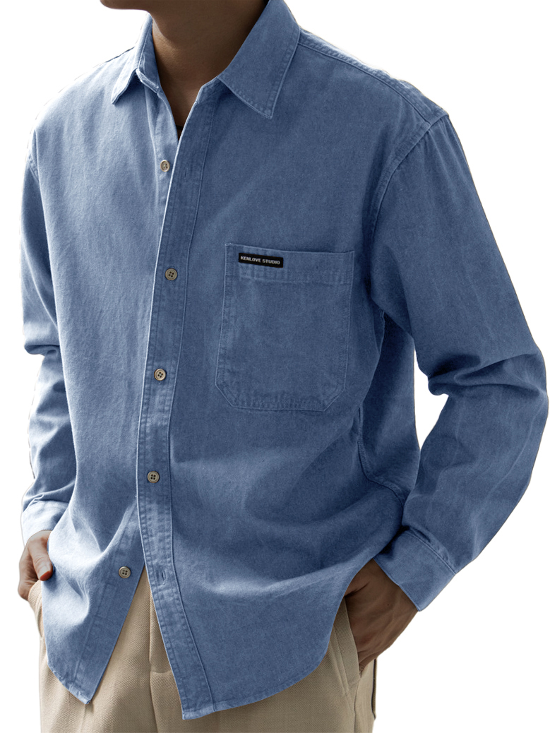 Men's Basic Vintage Washed Pocket Logo Long Sleeve Shirt