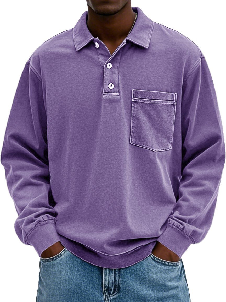 Men's Stylish Vintage Distressed Pocket Lapel Long-sleeved Polo Shirt