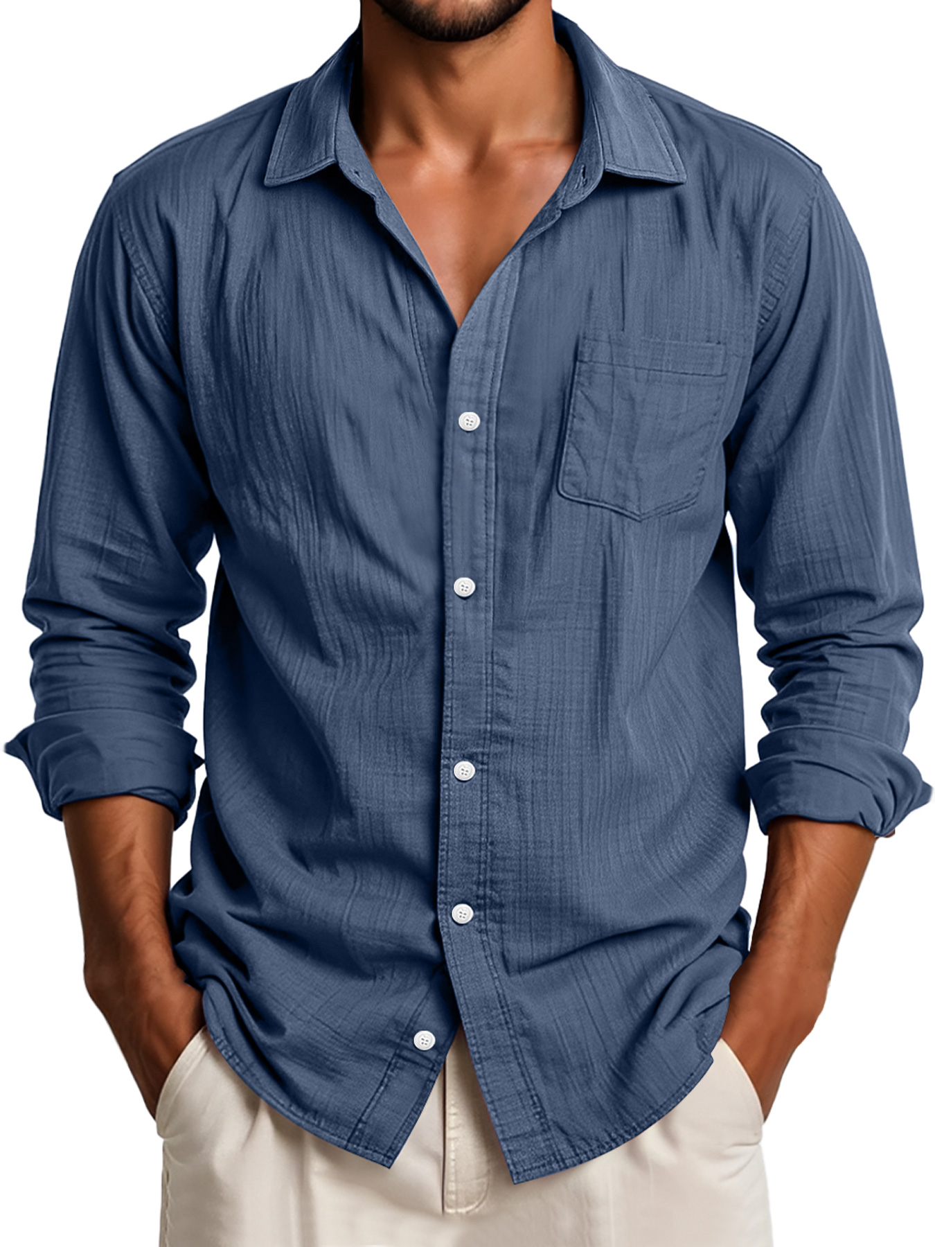Men's Daily Lapel Pocket Casual Solid Color Long Sleeve Shirt
