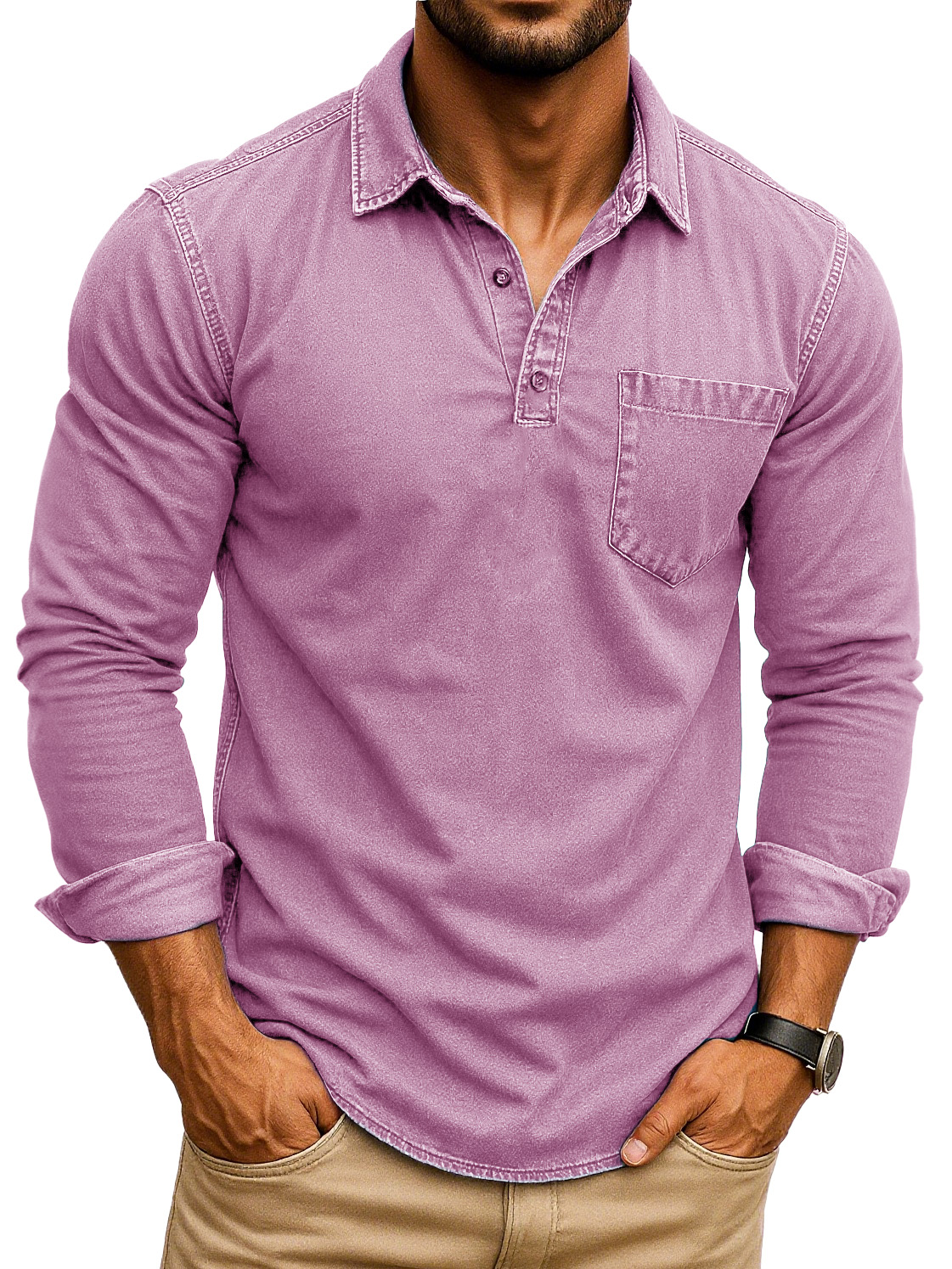 Men's Retro Fashion Distressed Lapel Pocket Long Sleeve Polo Shirt