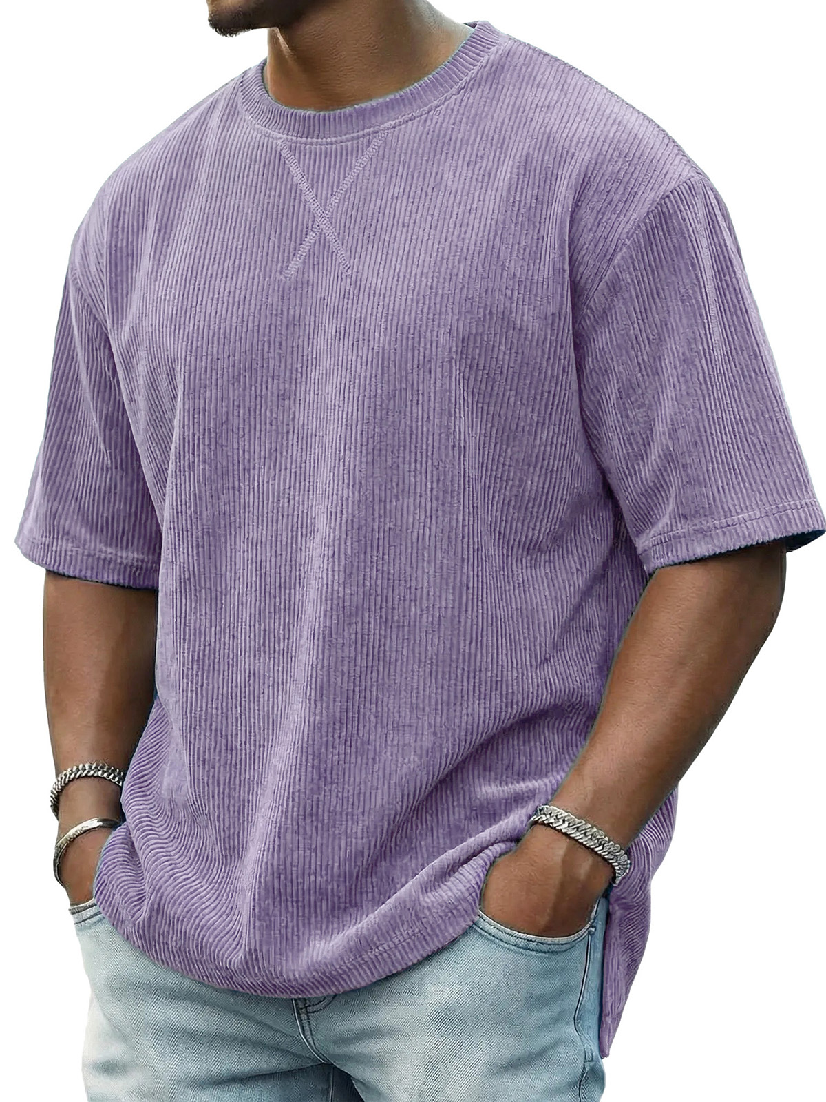 Men's Casual Fashionable Ribbed Crew Neck Short-Sleeve T-Shirt