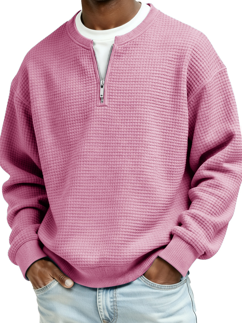 Men's Casual Faux Two-Piece Waffle Fabric Zipper Long-Sleeve Top