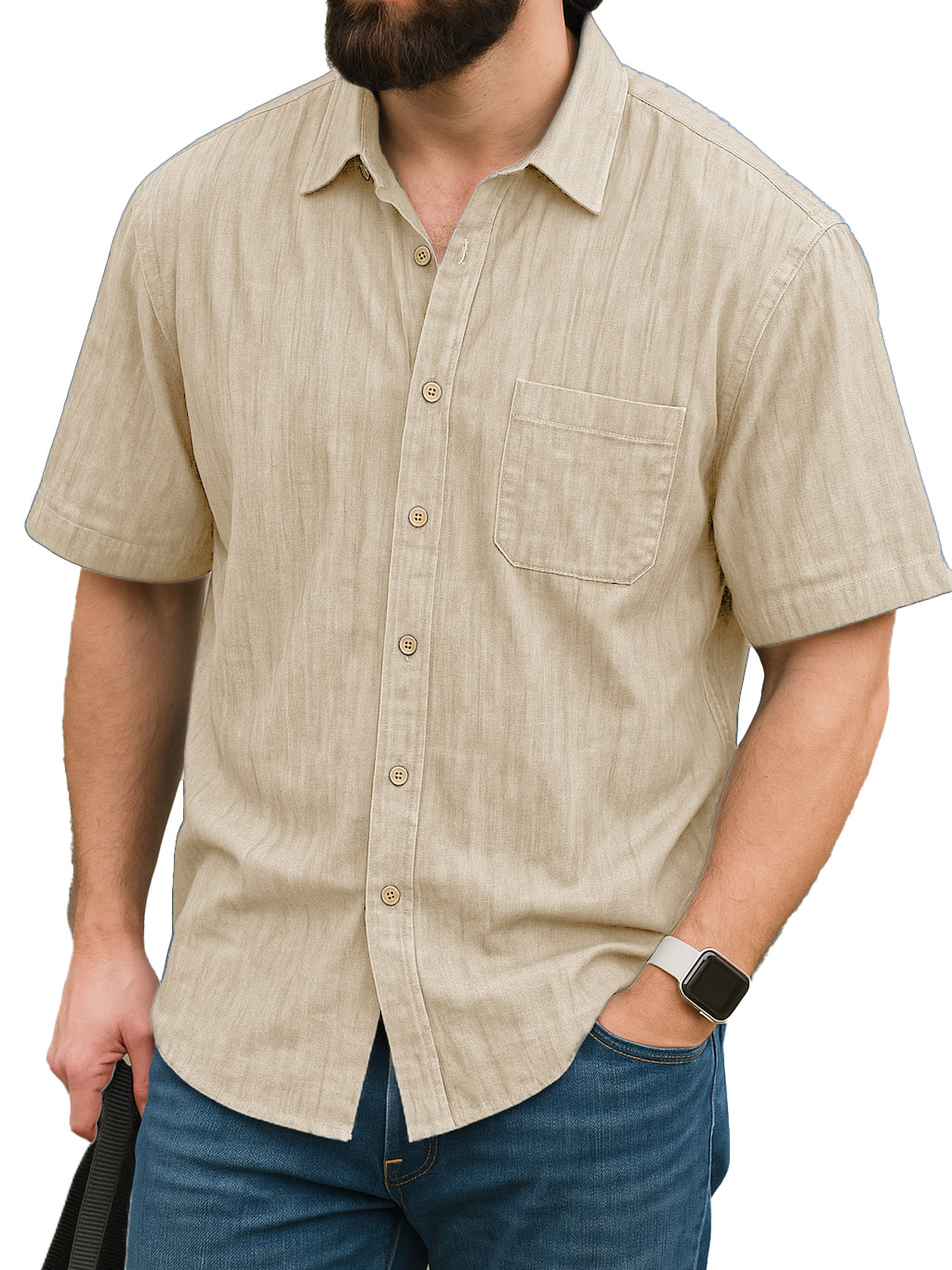Men's Fashion Daily Linen Fabric Pocket Short-sleeved Lapel Shirt