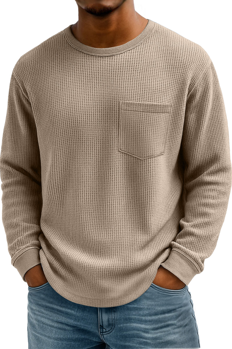 Men's Waffle Casual Crew Neck Pocket Long Sleeve T-Shirt