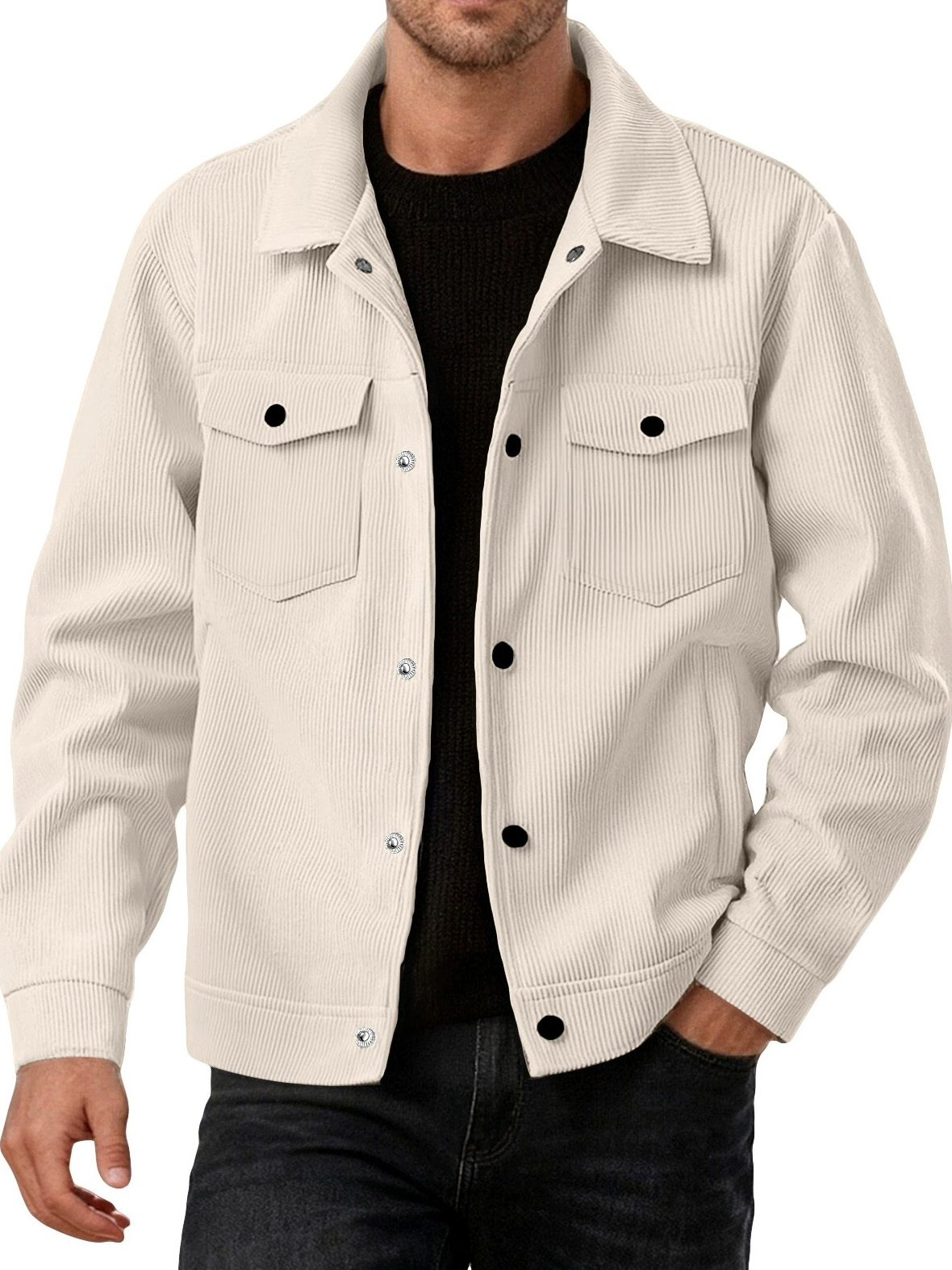 Men's Fashionable Casual Ribbed Fabric Long-Sleeved Pocket Jacket