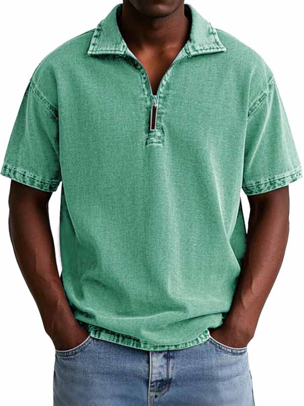 Men's Retro Distressed Zip Short Sleeve Polo Shirt