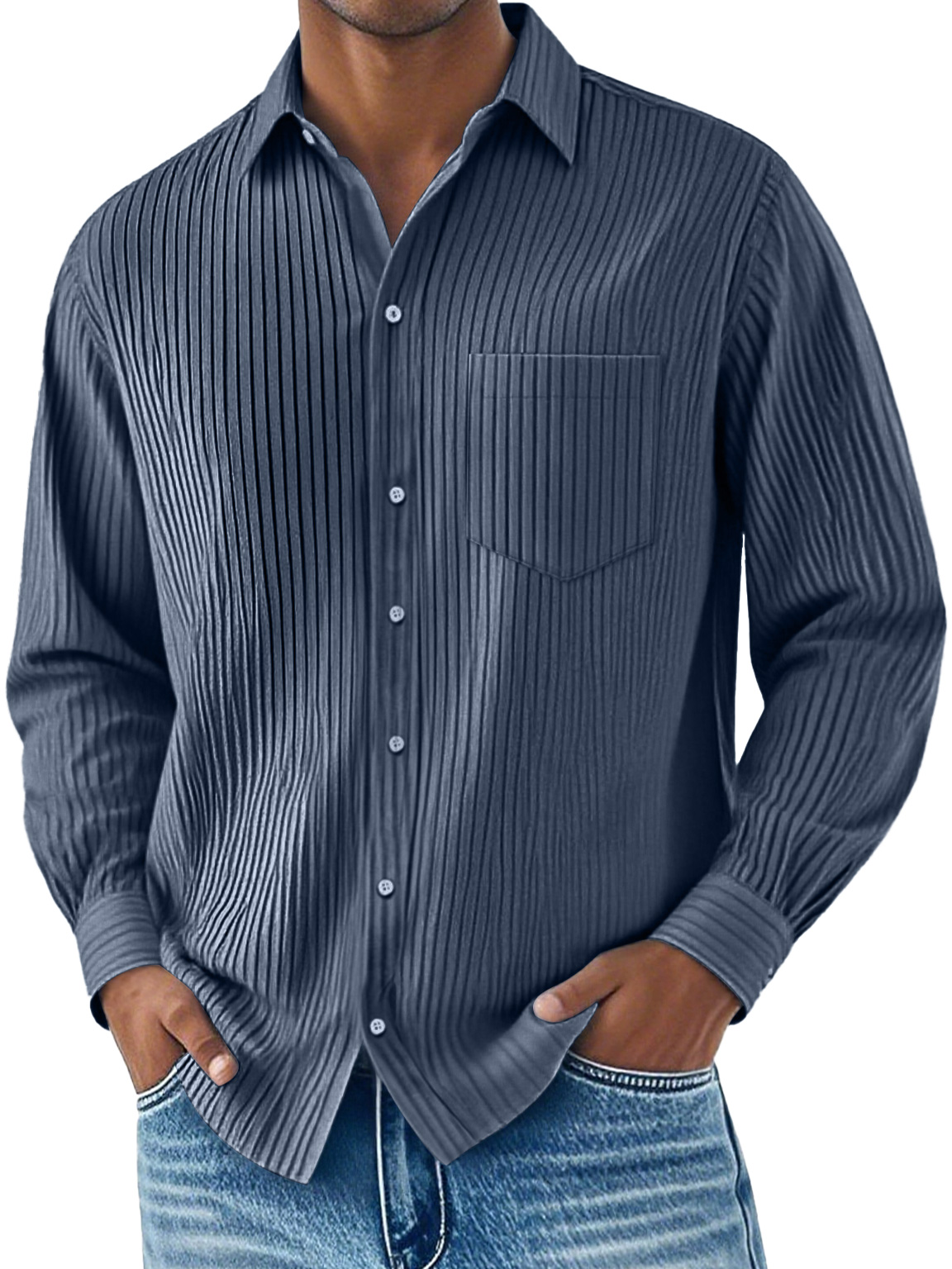 Men's Daily Ribbed Lapel Pocket Casual Long Sleeve Shirt
