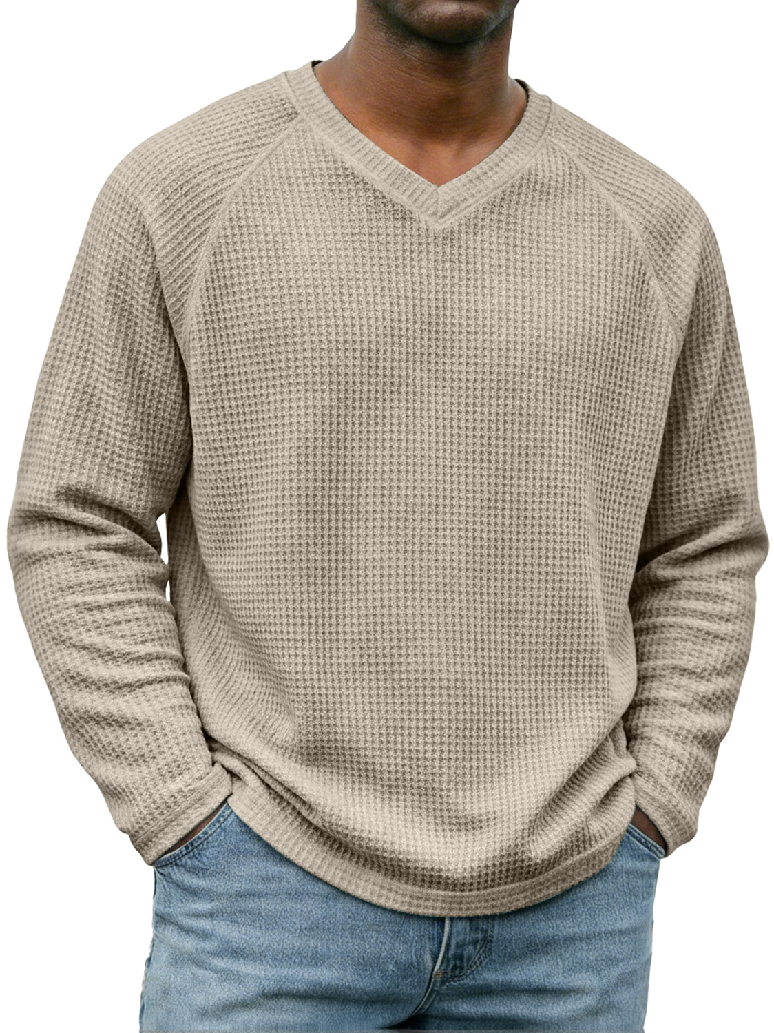 Men's Simple V-neck Raglan Sleeve Waffle Knit Casual Long-sleeved T-shirt