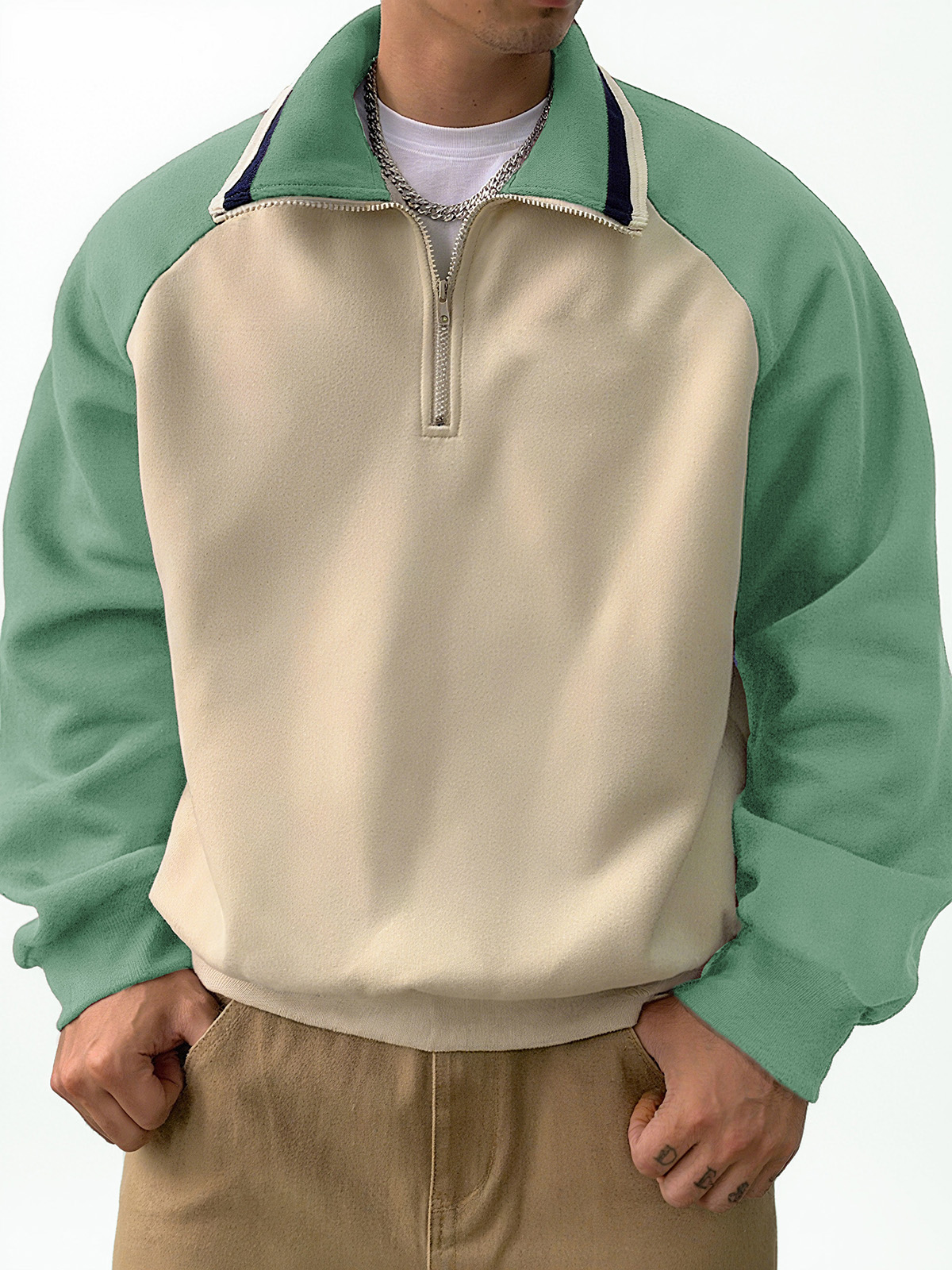 Men's Stylish Retro Patchwork Zippered Loose-fitting Long-sleeved Sweatshirt