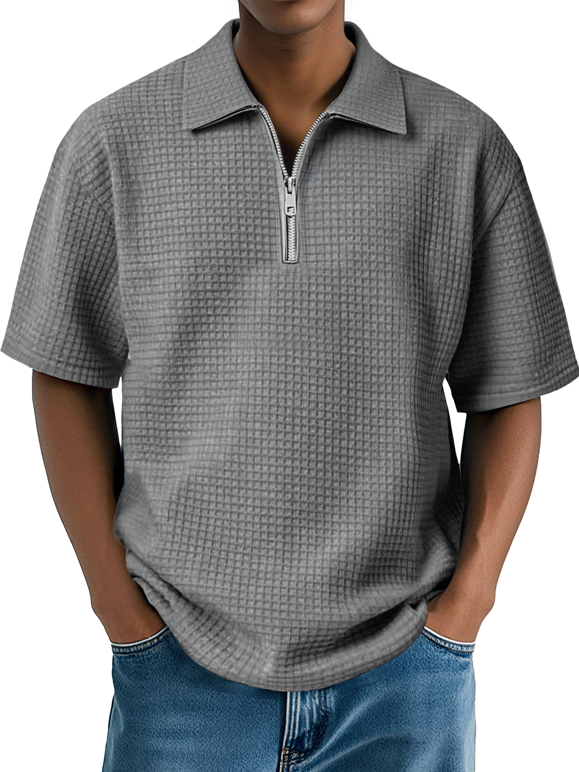 Men's Daily Waffle Lapel Zipper Casual Comfort Short Sleeve POLO Shirt