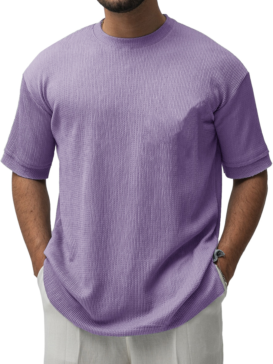 Men's Fashion Casual Ribbed Fabric Short-sleeved Crew Neck T-shirt