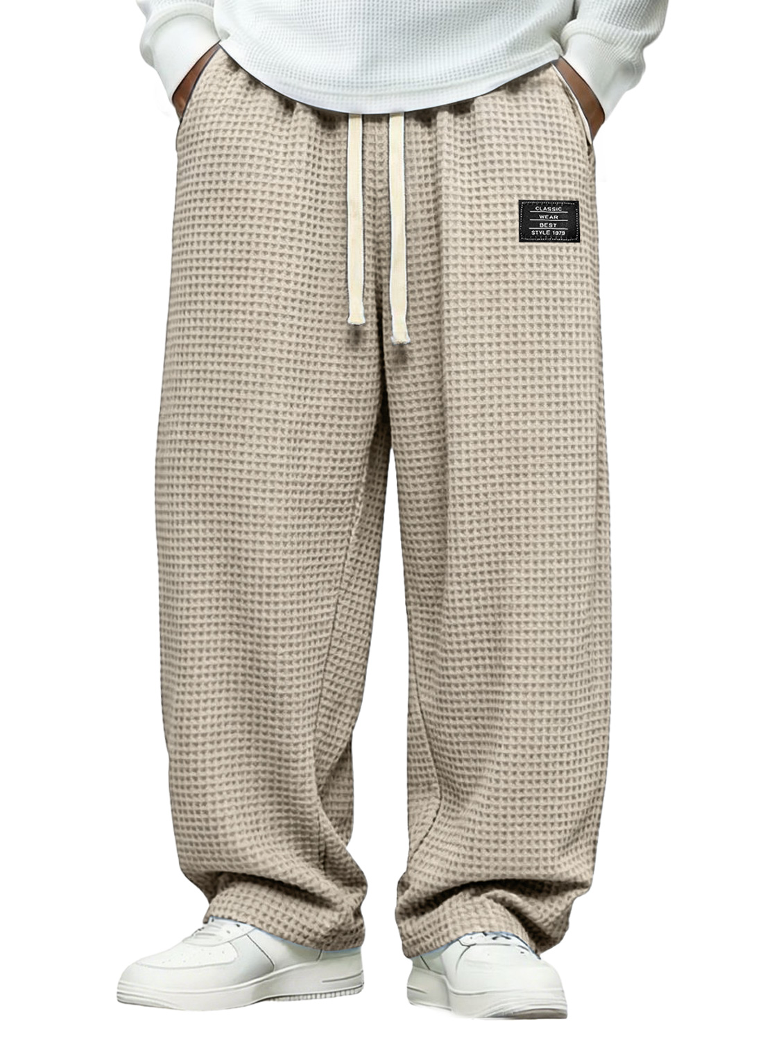 Men's Simple Waffle-knit Casual Loose-fitting Trousers With Embroidered Logo